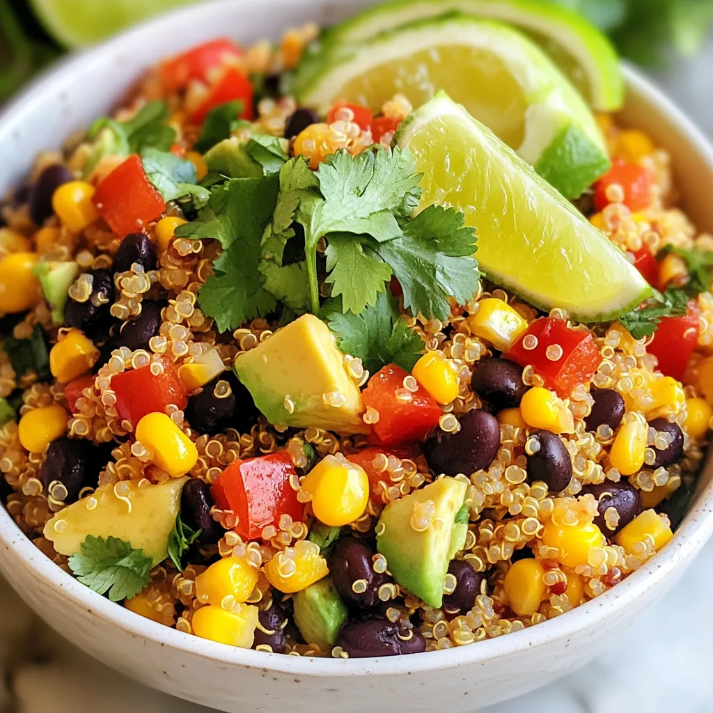 - 1 cup quinoa, rinsed - 1 can black beans, drained and rinsed - 1 cup corn, fresh or frozen - 1 red bell pepper, diced - 1 avocado, diced - 1/4 cup red onion, finely chopped - 1 lime, juiced - 3 tablespoons olive oil - 1 teaspoon cumin - 1/2 teaspoon smoked paprika - Salt and pepper to taste Quinoa is the star of this salad. It's light and fluffy. It cooks well in vegetable broth for added flavor. Black beans add protein and a nice texture. Corn brings sweetness and a pop of color. For the fresh ingredients, I love using a red bell pepper. It adds crunch and a sweet taste. An avocado adds creaminess that balances the other flavors. Red onion gives a nice bite and a hint of sharpness. The dressing is simple yet vibrant. Fresh lime juice brightens the salad. Olive oil gives it a smooth texture. Cumin and smoked paprika add warmth and depth. Season with salt and pepper to taste. Together, these ingredients create a tasty and colorful dish. {{ingredient_image_1}} 1. Boiling and simmering Start by rinsing 1 cup of quinoa under cold water. This helps remove any bitter taste. In a medium saucepan, combine the rinsed quinoa and 2 cups of vegetable broth. Bring it to a boil over high heat. Once boiling, reduce the heat to low, cover the pot, and let it simmer for about 15 minutes. You want the quinoa to absorb all the liquid and become fluffy. 2. Fluffing and cooling After the quinoa is done cooking, remove the pot from heat. Let it sit for a few minutes with the lid on. Then, use a fork to fluff the quinoa gently. This makes it light and airy. Spread the quinoa on a plate to cool down quickly. 1. Dicing and chopping tips While the quinoa cools, it’s time to prepare the vegetables. Start with the red bell pepper. Cut it in half, remove the seeds, and dice it into small pieces. Next, chop 1/4 cup of red onion finely. For the avocado, slice it in half, remove the pit, and scoop it out. Dice the avocado into small cubes. Lastly, rinse 1 can of black beans and 1 cup of corn. 2. Combining ingredients in a bowl In a large mixing bowl, combine the black beans, corn, diced red bell pepper, avocado, chopped red onion, and 1/4 cup of fresh cilantro. Mix these ingredients gently to keep the avocado intact. 1. Whisking methods To make the dressing, grab a small bowl. Add the juice of 1 lime, 3 tablespoons of olive oil, 1 teaspoon of cumin, and 1/2 teaspoon of smoked paprika. Season with salt and pepper. Use a whisk to mix everything together until it’s well combined. 2. Adjusting flavor profiles Taste the dressing. If you want more tang, add more lime juice. For extra flavor, feel free to add a pinch of salt or more spices. Once it tastes just right, pour it over the salad mixture. Now, mix everything gently. Make sure all the ingredients are coated evenly with the dressing. Let the salad sit for about 15 to 20 minutes before serving. This helps the flavors blend together beautifully. To ensure your quinoa is fluffy, rinse it well before cooking. This removes the bitter coating called saponin. Use two cups of vegetable broth for one cup of quinoa. This adds flavor and moisture. After cooking, let it sit for a few minutes. Fluff it gently with a fork to keep it light and airy. Balancing flavors in the salad is key. The sweet corn and creamy avocado pair well with the savory beans. Lime juice adds a nice zing, while cumin and smoked paprika give depth. Taste as you go. Adjust the seasoning to fit your preference. For presentation, serve the salad in a large bowl. Garnish with extra cilantro and lime wedges. This adds a bright touch and makes it look fresh. You can also portion the salad into mason jars. This makes it easy to grab for lunch or a picnic. Pair this salad with grilled chicken or shrimp for extra protein. It also works well with tortilla chips or as a side dish to tacos. This salad is versatile and can complement many meals. The ingredients in this salad offer great nutrition. Quinoa is a complete protein, meaning it has all nine essential amino acids. Black beans add fiber, which is good for digestion. Corn provides vitamins and minerals, while avocado gives healthy fats. To enhance the salad with extra protein, try adding grilled chicken, shrimp, or tofu. You can also mix in nuts or seeds for added crunch and fiber. These additions make the salad even more filling and nutritious. Pro Tips Rinse the Quinoa: Always rinse quinoa before cooking to remove its natural coating, called saponin, which can taste bitter. Fresh Ingredients: Use fresh corn and ripe avocados for the best flavor and texture in your salad. Chill Before Serving: Let the salad chill for at least 15-20 minutes to enhance the flavors and allow them to meld together. Customize Your Dressing: Feel free to experiment with the dressing by adding ingredients like garlic or jalapeño for an extra kick! {{image_2}} You can add grilled chicken or shrimp to the salad. This boosts the protein and makes it heartier. Just grill the chicken or shrimp until cooked. Slice them and mix them in. For a plant-based option, use tofu. Cube the tofu and sauté it until golden. This adds texture and flavor. Want to spice things up? Consider adding jalapeños or other spices. They bring heat and depth. You can also try different dressings. A cilantro-lime dressing can brighten the salad. Or use a creamy avocado dressing for richness. Experiment until you find your favorite mix. Use seasonal vegetables for a fresh twist. In summer, add cherry tomatoes or cucumbers. In fall, consider roasted squash. They enhance flavor and color. You can also use fruits for a sweet touch. Diced mango or pineapple pairs well with the salad. This adds a fun contrast to the savory ingredients. To store leftovers, place the salad in an airtight container. This keeps it fresh longer. You should refrigerate the salad within two hours of making it. The salad will stay good for about three to five days in the fridge. Be sure to check for any signs of spoilage before eating. You can freeze this quinoa salad, but some ingredients may change texture. To freeze, portion the salad into freezer-safe containers. Leave some space at the top for expansion. It will last for about two months in the freezer. To thaw, move the container to the fridge overnight. Reheat gently on the stove or in the microwave. Add a splash of lime juice for freshness. This salad is great for meal prep. Divide it into four serving containers for easy lunches. You can also use mason jars for grab-and-go servings. Start with the dressing on the bottom, then add the quinoa and veggies. When you're ready to eat, just shake it up! This makes a tasty and quick meal anytime. Yes, you can make this salad ahead. It tastes great after chilling. Store it in an airtight container in the fridge. It stays fresh for up to three days. The flavors will blend together nicely. Just keep the avocado separate if you want it fresh and green. Absolutely! This salad is vegan-friendly. It has no animal products at all. Quinoa, beans, and veggies offer plenty of nutrients. It’s a great option for anyone on a plant-based diet. Enjoy it as a main dish or a side. To add heat, try these tips: - Add diced jalapeños for fresh spice. - Mix in some chili powder or cayenne pepper. - Use a spicy dressing with chipotle or hot sauce. Adjust the amount based on your taste. Enjoy your fiery version! In this blog post, we explored the tasty world of Southwest Quinoa Salad. We covered its main ingredients like quinoa, black beans, and fresh veggies. I shared easy steps to cook, prepare, and dress your salad perfectly. You learned tips for storage and meal prep, plus variations to keep it exciting. This colorful dish is not just good for your taste buds; it’s also healthy and easy to make. So grab your ingredients, and enjoy creating this delicious salad!