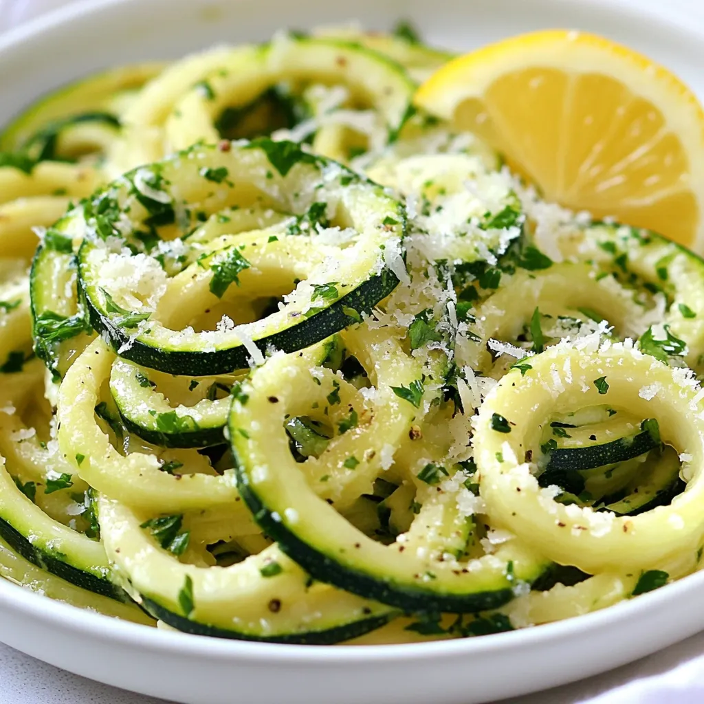 - 4 medium zucchini - 3 tablespoons olive oil - 4 cloves garlic, minced - 1/2 teaspoon red pepper flakes (optional) - 1/2 cup grated Parmesan cheese - Salt and black pepper to taste - Fresh parsley, chopped (for garnish) - Lemon wedges (for serving) To make garlic parmesan zucchini noodles, you need just a few easy ingredients. First, grab your zucchini. Four medium ones will do. They become the base of your dish. Next, use three tablespoons of olive oil. This oil adds flavor and helps cook the noodles. Garlic is a must. Use four cloves, minced for the best taste. If you like a bit of heat, add a half teaspoon of red pepper flakes. This step is optional, but it does kick things up. You can’t forget about the cheese! Half a cup of grated Parmesan cheese gives a rich taste. Season your dish with salt and black pepper to your liking. For a fresh touch, chop some parsley as a garnish. Finally, have some lemon wedges ready for serving. They add a bright zing to the noodles. With these ingredients, you will create a fast, flavorful meal. The mix of garlic, cheese, and zucchini makes for a delightful dish. {{ingredient_image_1}} To start, you need to make your zucchini into noodles. You can use a spiralizer for this task. Simply insert the zucchini and twist to create long strands. If you don’t have one, a vegetable peeler works too. Just peel the zucchini into wide ribbons. Aim for thin noodles for a tender bite. Tips for Consistency: - Choose firm zucchini for better texture. - Try to keep the noodles similar in size. This helps them cook evenly. Next, heat the olive oil in a large skillet. Use medium heat for the best results. Once hot, add the minced garlic. If you like a bit of spice, sprinkle in the red pepper flakes. Sauté the mix for about one minute. You want the garlic fragrant but not burnt. Once the garlic is ready, toss in the zucchini noodles. Sauté them for about 3-4 minutes. You want them tender but still slightly crunchy. Stir gently to coat the noodles with the garlic and oil. After cooking, remove the skillet from the heat. Stir in the grated Parmesan cheese until it melts and coats the noodles. Adjusting Seasoning: - Taste your dish and add salt and black pepper as needed. Serving Suggestions: - Serve the noodles in a pasta bowl. - Top with more Parmesan cheese and chopped parsley. - Add a lemon wedge for a fresh, zesty flavor. - Cooking Time Recommendations: Cook your zucchini noodles for just 3 to 4 minutes. This keeps them tender yet firm. If you cook them too long, they turn mushy. You want a nice bite! - Importance of Keeping Zucchini Crunchy: Crunchy noodles give your dish a great texture. They soak up the sauce without losing their shape. Taste and texture are key to a great meal. - Alternative Ingredients: If you can’t find zucchini, use summer squash. It works just as well. You can also try other cheeses if you want a different flavor. - Making it Vegetarian or Vegan: To make this dish vegan, skip the Parmesan cheese. You can use nutritional yeast for a cheesy taste. This keeps the meal light and healthy. - Serving Suggestions: Serve the zucchini noodles in a nice pasta bowl. Top them with more Parmesan cheese if you like. A lemon wedge on the side adds a fresh touch. - Garnishing Ideas with Parsley and Lemon: Fresh parsley brightens the dish. A squeeze of lemon juice adds a zesty flavor. This makes your meal look appealing and taste even better. Pro Tips Use Fresh Zucchini: Opt for firm and glossy zucchini for the best flavor and texture. Avoid any that have soft spots or blemishes. Don’t Overcook: Zucchini noodles cook quickly, so keep an eye on them. Sauté just until tender to maintain a pleasant bite and avoid mushiness. Customize Your Cheese: While Parmesan is delicious, feel free to experiment with other cheeses like Pecorino Romano or nutritional yeast for a vegan option. Add More Flavors: Enhance the dish with additional ingredients such as cherry tomatoes, olives, or cooked chicken for a heartier meal. {{image_2}} Adding Other Cheeses You can change up the flavor by adding other cheeses. Try mozzarella for a creamy touch. Feta adds a salty bite. Goat cheese gives a tangy twist. Mix and match to find your favorite blend. Incorporating Vegetables You can also add more veggies to your dish. Cherry tomatoes bring sweetness and color. Spinach adds nutrients and a nice texture. Bell peppers provide crunch and a hint of sweetness. Get creative with your favorite vegetables. Adding Chicken or Shrimp To make the dish more filling, add protein like chicken or shrimp. Grilled chicken gives it a hearty taste. Sautéed shrimp cooks quickly and adds a seafood flair. Both options pair well with garlic and Parmesan. Plant-Based Protein Options If you prefer plant-based protein, choose options like chickpeas or tofu. Chickpeas add fiber and protein. Tofu soaks up flavors and adds creaminess. These choices make the dish healthy and satisfying. Using Pesto or Marinara For a flavor twist, try using pesto or marinara sauce. Pesto gives a fresh, herby taste. Marinara adds a rich, tomato flavor. Both sauces work well with zucchini noodles and can elevate your dish. Creamy Options If you like creamy sauces, consider adding a simple cream sauce. Mix heavy cream with garlic and Parmesan for a rich flavor. This option makes the dish even more comforting and indulgent. How do you store leftovers? Place your garlic Parmesan zucchini noodles in an airtight container. This keeps them fresh. You can store them in the fridge for up to three days. What are the best containers for storage? I recommend glass containers or BPA-free plastic ones. These materials prevent odors and keep your food safe. What are the best methods for reheating? The best way to reheat zucchini noodles is in a skillet. Heat it over medium heat and add a splash of olive oil. This method keeps the noodles from becoming mushy. What tips help maintain texture? Do not overcook the noodles when reheating. Only heat them until warm, about two to three minutes. This helps keep their nice, crunchy bite. To spiralize zucchini, you need a spiralizer. This tool turns zucchini into noodle shapes. You can find spiralizers in stores or online. If you don't have one, use a vegetable peeler instead. The peeler makes wide ribbons. Both methods work well for this recipe. Yes, you can prepare them ahead of time. Store the cooked noodles in an airtight container. Keep them in the fridge for up to two days. To reheat, use a skillet over low heat. Add a splash of olive oil to keep them moist. Avoid microwaving, as it can make them soggy. Zucchini noodles offer many health benefits. They are low in calories and high in nutrients. A medium zucchini has about 33 calories and is rich in vitamins A and C. They are also high in fiber, which helps your digestion. You can enjoy them as a low-carb alternative to pasta. In this article, we covered how to create delicious garlic parmesan zucchini noodles from scratch. We explored essential ingredients, step-by-step instructions, and helpful tips. You now know how to achieve the perfect texture, substitute ingredients, and enhance flavors. These noodles are nutritious and easy to make, fitting various diets. Remember, cooking should be fun and creative. Enjoy experimenting with your own variations and serving them to others. With practice, you’ll master this dish and impress your friends and family. Happy cooking!