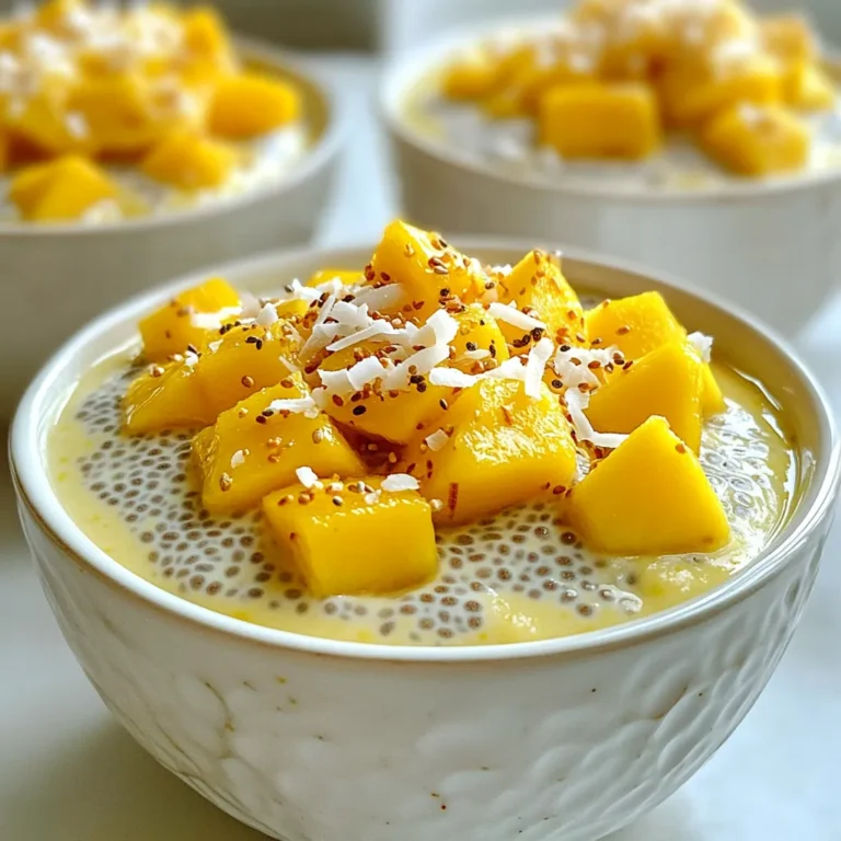 To make Coconut Mango Chia Pudding, gather these key items: - 1 cup coconut milk - 1/2 cup almond milk - 1/4 cup chia seeds - 2 tablespoons maple syrup (or honey) - 1 ripe mango, diced - 1/4 teaspoon vanilla extract - Pinch of salt These ingredients create a creamy and flavorful pudding. The coconut milk and almond milk combine well for a rich texture. Chia seeds not only thicken the pudding but also add nutrition. The ripe mango gives a sweet and tangy taste that brightens the dish. You can elevate your pudding with these fun toppings: - Toasted coconut flakes - Fresh mint leaves - Extra diced mango - Sliced almonds These garnishes add crunch and flavor. Toasted coconut flakes bring a nutty touch, while mint leaves offer freshness. Extra mango gives more fruity goodness, and almonds add a nice crunch. If you need alternatives, here are some ideas: - Use coconut cream instead of coconut milk for a richer flavor. - Swap almond milk with any nut or oat milk. - Replace maple syrup with agave or a sugar alternative. - For a tropical twist, use pineapple or papaya instead of mango. These substitutions help you customize the pudding to fit your taste and diet. Enjoy experimenting with flavors! {{ingredient_image_1}} To get started, gather your ingredients. You need: - 1 cup coconut milk - 1/2 cup almond milk - 1/4 cup chia seeds - 2 tablespoons maple syrup (or honey) - 1 ripe mango, diced - 1/4 teaspoon vanilla extract - Pinch of salt - Toasted coconut flakes for garnish (optional) First, take a medium mixing bowl. Pour in the coconut milk and almond milk. Add the vanilla extract and whisk until everything is mixed well. Next, it's time for the chia seeds. Add them along with the maple syrup and a pinch of salt. Stir the mix well to make sure the chia seeds are spread out evenly. Once your mix is ready, cover the bowl with plastic wrap or put on a lid. Refrigerate it for at least 4 hours. For the best results, let it chill overnight. This time allows the chia seeds to soak up the liquid. They will expand and turn into a gel-like pudding. This is the key to a great chia pudding. When the pudding is set, give it a good stir to make it creamy. Now, it's time to serve! Spoon the chia pudding into individual bowls or glasses. Top it with the diced mango for a burst of sweetness. If you want to add some crunch, sprinkle toasted coconut flakes on top. This makes the dish look fancy and adds great flavor. Enjoy your Coconut Mango Chia Pudding chilled as a tasty treat or a light meal! To get the best chia pudding, start with the right ratio. Use 1/4 cup of chia seeds for every 1.5 cups of liquid. Mix well to avoid clumps. After mixing, let it sit for a few minutes. Stir again to keep seeds from settling. Chill for at least four hours. This helps the chia absorb the liquid and thicken. You can make this pudding even better. Try adding fresh fruits like berries or bananas. A bit of lime juice adds a nice zing. You can also mix in nut butters for creaminess. For a tropical twist, add passion fruit or kiwi. Using toasted coconut flakes as a topping gives it extra crunch. Don’t skip the chilling time! If you serve it too soon, the texture won’t be right. Avoid using too few chia seeds. This leads to a runny pudding. Also, don't forget to stir after mixing. This helps distribute the chia seeds evenly. Lastly, remember to taste it! Adjust the sweetness to your liking before serving. Pro Tips Chia Seed Soak Time: Allow the chia seeds to soak for at least 4 hours, or overnight, for the best texture and consistency. Sweetness Adjustment: Adjust the sweetness by adding more or less maple syrup or honey according to your taste preference. Mango Ripeness: Use a perfectly ripe mango for maximum sweetness and flavor; it should yield slightly to pressure when squeezed. Storage Tips: Store any leftovers in an airtight container in the fridge for up to 3 days for the best freshness. {{image_2}} You can mix up your coconut mango chia pudding with other tropical fruits. Pineapple, kiwi, or passion fruit add a fresh twist. Just chop the fruit and layer it on top of the pudding. You can also blend fruits into the pudding mix for a smooth texture. This creates a fruity explosion in every bite. For a dairy-free and vegan option, stick with coconut milk and almond milk. Both are plant-based, creamy, and delicious. You can also use other non-dairy milks like oat or soy milk. These options still give you the rich taste without any animal products. Always check that any sweeteners you use, like maple syrup, are vegan-friendly. If you want to cut sugar, you can skip the maple syrup or honey. Use ripe mangoes for natural sweetness instead. You can also add a splash of vanilla extract for flavor without extra sugar. If you prefer a sweeter pudding, consider using a sugar substitute. Just make sure it blends well with your taste. I recommend using a glass jar or an airtight container. Glass helps keep the pudding fresh. It also makes it easy to see how much you have left. Make sure the container has a tight lid to prevent odors from other foods. Coconut mango chia pudding lasts about 5 days in the fridge. Store it in the airtight container. Always check for any changes in smell or texture before eating. If you notice anything off, it’s best to toss it. You can freeze chia pudding for up to 3 months. Use freezer-safe containers or bags. When ready to eat, thaw it in the fridge overnight. Stir well after thawing to restore the texture. You might need to add a splash of milk to get it creamy again. Yes, you can use different types of milk. Almond milk and coconut milk work well together. You can also try oat milk or soy milk. Just keep the same total amount of liquid. The chia pudding lasts about five days in the fridge. Store it in an airtight container. This helps keep it fresh and tasty. Yes, coconut mango chia pudding is healthy. It is full of fiber, healthy fats, and vitamins. Chia seeds are great for digestion. The mango adds natural sweetness and vitamin C. Yes, frozen mango works fine. Just make sure to thaw it first. This will help it mix well with the pudding. Chia seeds are tiny powerhouses. They provide fiber, protein, and omega-3 fatty acids. These nutrients help keep you full. They also support heart health and boost energy levels. Coconut mango chia pudding is a simple, tasty treat made with just a few ingredients. We covered how to prepare it, how long to chill, and good ways to serve it. I shared tips on getting the right texture and avoiding common mistakes. You can also try fun variations and gain health benefits from chia seeds. In the end, this dessert is easy to customize and store. Enjoy your pudding with your favorite toppings, or try a new fruit. Whether you are healthy eating or treating yourself, there's a chia pudding for you!