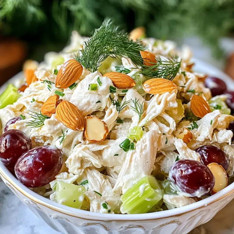 - 2 cups cooked chicken breast, shredded - 1 cup plain Greek yogurt - 1/2 cup celery, finely chopped - 1/2 cup red grapes, halved - 1/4 cup almonds, sliced - 2 tablespoons fresh dill, chopped - 1 tablespoon honey - 1 tablespoon lemon juice - Salt and pepper to taste - Cooked chicken breast: This is a great source of protein. It helps build and repair muscles. - Plain Greek yogurt: This yogurt is rich in protein and probiotics. It aids in digestion and keeps you full. - Celery: Low in calories, celery adds fiber and crunch. It helps keep you hydrated. - Red grapes: These grapes are high in vitamins and antioxidants. They support heart health. - Almonds: Almonds provide healthy fats and protein. They are good for your heart and skin. - Fresh dill: Dill adds flavor and is full of vitamins. It can help with digestion. - Honey: This natural sweetener gives a touch of sweetness. It has antioxidants and can boost energy. - Lemon juice: Lemon juice adds brightness and flavor. It is high in vitamin C and supports the immune system. - Salt and pepper: These enhance the dish's flavor. Use them to taste. - Cooked chicken: You can use turkey or rotisserie chicken. - Greek yogurt: Substitute with regular yogurt for a lighter option. - Celery: Chopped cucumber can add crunch as a swap. - Red grapes: Use diced apples or dried cranberries for sweetness. - Almonds: Walnuts or sunflower seeds work well if you want a different nut. - Fresh dill: Use dried dill or parsley if fresh is not available. - Honey: Maple syrup can be a good alternative for sweetness. - Lemon juice: Lime juice can replace lemon for a different zing. These choices help you customize the salad while keeping it tasty and healthy. {{ingredient_image_1}} 1. Start by shredding the cooked chicken breast. You want about two cups of it. 2. In a large mixing bowl, add the shredded chicken and one cup of plain Greek yogurt. Mix them well until the chicken is fully coated. 3. Next, chop half a cup of celery into small pieces. Add this to your bowl. 4. Take half a cup of red grapes and cut them in half. Add these to the mix. 5. Slice a quarter cup of almonds and toss them in. 6. Chop two tablespoons of fresh dill and add it to the mixture. 7. In a small bowl, mix one tablespoon of honey and one tablespoon of lemon juice. Pour this over your salad. 8. Gently fold everything together. Be careful not to break the grapes. 9. Season with salt and pepper to taste. Mix it one last time. 10. Cover the bowl and chill the salad in the fridge for at least thirty minutes. Mixing gently is key. You want to keep the grapes whole for a nice bite. Use a spatula to fold the salad. This keeps everything intact and tasty. If you find it too thick, you can add a bit more yogurt. It helps to balance the flavors. Make sure each ingredient gets some love during mixing. You can serve this chicken salad in many ways. Try it on whole-grain bread for a hearty sandwich. You can also put it in lettuce wraps for a fresh touch. If you prefer, serve it on a bed of mixed greens. This adds more color and crunch. Pair it with some fresh fruit or veggie sticks for a complete meal. To make your Greek yogurt chicken salad even creamier, you can add more yogurt. I suggest adding a little extra Greek yogurt. This will give the salad a rich taste. You can also mix in a bit of mayo for added creaminess. Just remember, a little goes a long way! Store your chicken salad in a tight container. This keeps it fresh and safe to eat. Make sure to chill it in the fridge right away. Leftovers taste best within three days. If you wait too long, the flavors may fade. For shredding chicken, I love using two forks. Hold one fork steady with your non-dominant hand. Use the other fork to pull the meat apart. It's fast and easy! If you have a stand mixer, you can use it too. Just place the cooked chicken in the bowl and mix on low. It shreds the chicken in seconds! Pro Tips Use Rotisserie Chicken: For a quicker preparation, consider using store-bought rotisserie chicken. It saves time and adds a wonderful flavor. Add More Crunch: Feel free to mix in other crunchy veggies like bell peppers or cucumbers to enhance the texture of the salad. Grape Substitutes: If you prefer a different fruit, diced apples or dried cranberries can be great alternatives to grapes. Make It Ahead: This chicken salad can be made a day in advance. Just keep it stored in an airtight container in the refrigerator to maintain freshness. {{image_2}} You can switch up the protein in this salad. Turkey is a great choice. It adds a nice flavor and is leaner than chicken. Just shred cooked turkey breast and use it the same way. If you want a plant-based option, try tofu. Press and cube firm tofu, then sauté it lightly. Mix it with Greek yogurt for a creamy texture. Adding spices and herbs can enhance this dish. Try a pinch of paprika or cayenne for heat. Fresh herbs like cilantro or basil can add freshness. You can also use garlic powder for a savory twist. Mixing in a teaspoon of Dijon mustard adds a nice tang. Experiment with flavors to find your favorite blend. If you follow a low-carb or keto diet, you can make this salad fit. Use shredded rotisserie chicken for a quick base. Swap the grapes for diced cucumbers or bell peppers. This keeps the crunch without the carbs. You can also ditch the honey or use a low-carb sweetener. This way, you keep the taste while sticking to your meal plan. To keep your Greek yogurt chicken salad fresh, store it in an airtight container. This helps prevent the salad from drying out or absorbing other odors from the fridge. If you plan to eat it later, avoid adding any crunchy toppings, like almonds, until you're ready to serve. Greek yogurt chicken salad lasts about 3 to 4 days in the fridge. After that, the flavors may fade, and the texture might change. Always check for any strange smells or changes in color before eating. If it looks or smells off, it's best to toss it. You can freeze Greek yogurt chicken salad, but it may change in texture. To freeze, place it in a freezer-safe container. Leave space for expansion as it freezes. It can last up to 2 months in the freezer. When ready to eat, thaw it in the fridge overnight. After thawing, stir it well and check the texture before serving. Yes, you can use regular yogurt. However, Greek yogurt is thicker. It gives a creamier texture. This makes the chicken salad rich and satisfying. Regular yogurt may make it runny. If you use regular yogurt, you might need less. This chicken salad lasts about 3 to 4 days in the fridge. Store it in an airtight container. Make sure to keep it cool. The longer it sits, the flavors blend more. But be mindful of freshness. If it smells off, discard it. There are many great side dishes to pair with chicken salad. You can serve it with: - Fresh fruit salad - Veggie sticks with hummus - Whole-grain crackers - Quinoa salad - Leafy green salad These sides add more color and nutrition to your meal. They balance the creaminess of the chicken salad. Enjoy experimenting with different combinations! This blog post covers everything you need to make delicious Greek yogurt chicken salad. You learned about the key ingredients and their health benefits. We discussed step-by-step instructions for preparation and serving. I shared tips to make your salad creamier and how to store leftovers. You also discovered variations to fit your taste. Lastly, I answered common questions to help you choose the best options. With this guide, you can create a tasty and healthy meal for any occasion. Enjoy your cooking and savor every bite!