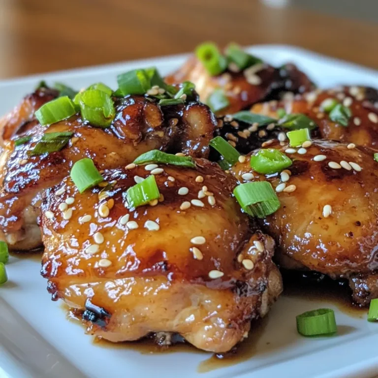 I love gathering fresh ingredients for Ginger Soy Glazed Chicken Thighs. Each one adds a special touch. Here’s what you need: - Chicken - 4 boneless, skinless chicken thighs - Marinade Ingredients - 4 tablespoons soy sauce - 2 tablespoons fresh ginger, grated - 2 tablespoons honey - 2 cloves garlic, minced - 2 tablespoons sesame oil - 1 teaspoon rice vinegar - 1 teaspoon cornstarch (optional, for thickening) - 1 tablespoon water (if using cornstarch) - Garnishes - 2 green onions, chopped - Sesame seeds Each ingredient plays a key role in creating that delicious flavor. The chicken thighs soak up the marinade well, making them juicy and tasty. The ginger and honey balance each other. The soy sauce adds depth. You can even adjust the ingredients to fit your taste! {{ingredient_image_1}} To start, grab a medium bowl. You will whisk together soy sauce, grated ginger, honey, minced garlic, sesame oil, and rice vinegar. This mix will create a flavorful marinade that gives the chicken its tasty glaze. If you want a thicker glaze, you can add cornstarch. Mix the cornstarch with water in a small bowl to make a slurry. Then, stir this into your marinade. This step is optional but adds a nice texture. Next, it’s time to marinate the chicken. Place the chicken thighs in a resealable plastic bag or a shallow dish. Pour the marinade over the chicken, making sure it’s well coated. Seal the bag or cover the dish. For the best flavor, let the chicken marinate in the fridge for at least 30 minutes. If you have time, 1 to 2 hours is even better. Make sure to store the marinated chicken in the fridge. This keeps it safe and flavorful. Now, let’s cook the chicken. Preheat your grill or skillet over medium-high heat. Remove the chicken from the marinade, letting the extra drip off. You can grill the chicken thighs for about 6 to 7 minutes on each side. Look for a nice golden brown color and ensure they are cooked through. For extra flavor, brush the chicken with the reserved marinade in the last few minutes of cooking. Once cooked, take the chicken off the heat and let it rest for a few minutes. This helps keep it juicy. Slice it up, and don’t forget to garnish with chopped green onions and sesame seeds for that extra crunch. Enjoy your meal! To get a nice glaze, focus on even coating. Use a brush to spread the marinade on the chicken. This helps it stick better. I also recommend marinating for a longer time. The chicken will soak up more flavor. Aim for at least one hour in the fridge. If you want a thicker glaze, mix cornstarch with water. Add this to the marinade before cooking. It will give a lovely shine and depth. Timing is key when brushing the marinade. Brush it on during the last few minutes of cooking. This ensures the glaze caramelizes without burning. It adds a beautiful finish to your chicken thighs. Resting the chicken thighs after cooking is very important. Let them sit for about five minutes. This helps the juices redistribute, making them more tender. If you cut into them right away, all the juices will run out. Be careful not to overcook the chicken. The thighs should cook until they reach an internal temperature of 165°F. Use a meat thermometer for best results. Cooking them too long will make them dry. Keep an eye on the time and check for doneness to enjoy juicy, flavorful chicken. Pro Tips Marination Time: For the best flavor, marinate the chicken thighs for at least 1-2 hours, or even overnight if you can. This allows the flavors to penetrate the meat more deeply. Grilling Technique: Make sure your grill or skillet is preheated before adding the chicken. This helps achieve a nice sear and prevents sticking. Thickening the Glaze: If you want a thicker glaze, don't forget to mix cornstarch with water to create a slurry before adding it to the marinade. Resting the Chicken: Let the chicken rest for a few minutes after grilling. This helps the juices redistribute, making the chicken more tender and flavorful. {{image_2}} You can switch up the chicken thighs for other proteins. Tofu works great for a plant-based meal. Just press the tofu to remove water and marinate it like you would chicken. Pork is another option, and it pairs well with the ginger soy glaze too. For sweeteners, honey is fantastic, but you can try maple syrup or agave. These sweeteners add a different flavor. Each will still give you a tasty glaze. To make your ginger soy glazed chicken even better, add some spices or herbs. A pinch of red pepper flakes gives it some heat. Fresh herbs like cilantro or basil add freshness and depth. Don't forget citrus zest! Grate some lime or orange peel into the marinade. This adds a bright note that balances the savory flavors. These tweaks can take your dish to the next level. To keep your Ginger Soy Glazed Chicken Thighs fresh, store them in the fridge. Place them in an airtight container. They will last for up to four days. If you want to keep them longer, freeze the chicken. Wrap each piece tightly in plastic wrap, then place them in a freezer bag. They can stay in the freezer for up to three months. When reheating, I recommend using the oven for the best taste. Preheat your oven to 350°F (175°C). Place the chicken thighs on a baking sheet and cover them with foil. Heat for about 15-20 minutes. This keeps the chicken juicy and warm. If you prefer the microwave, use low power. Heat in short bursts, checking often to avoid drying out the chicken. Enjoy the tasty flavors just as they were! You should marinate the chicken for at least 30 minutes. For the best flavor, aim for 1-2 hours. This time allows the chicken to soak up the ginger and soy sauce. If you have more time, marinating overnight works well too. Just be sure to keep it in the fridge to stay safe. Yes, you can use bone-in chicken thighs! They will take a bit longer to cook. Cook bone-in thighs for about 8-9 minutes on each side. Always check that the internal temperature reaches 165°F to ensure they are safe to eat. You can serve these chicken thighs with many tasty sides. Here are some great options: - Steamed rice or quinoa for a filling base. - Stir-fried vegetables for added crunch and color. - A fresh salad with greens and a light vinaigrette. Pairing suggestions include a light white wine or iced green tea. These drinks complement the flavors nicely and keep the meal refreshing. In this post, we explored making Ginger Soy Glazed Chicken Thighs. We covered key ingredients, detailed preparation steps, and cooking methods. I shared tips for perfect glazing, juicy chicken, and ingredient variations. Storing leftovers and reheating also played a role in keeping your meal tasty. In the end, this dish is simple and fun to make. You can tweak flavors to fit your taste. Enjoy trying these methods and impressing friends and family with your cooking skills.