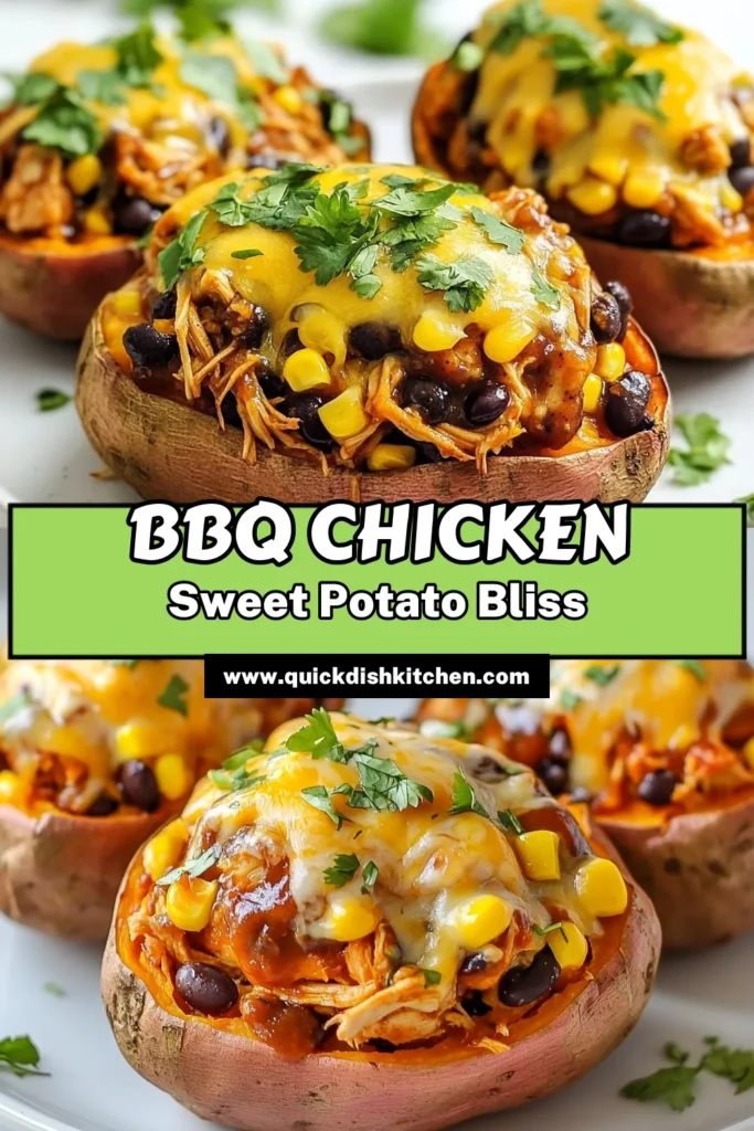Savor the deliciousness of BBQ Chicken Stuffed Sweet Potatoes—an easy stuffed sweet potato recipe that's perfect for a healthy BBQ chicken dinner. This gluten-free stuffed potatoes dish combines tender sweet potatoes with savory shredded chicken, BBQ sauce, corn, and black beans, topped with melted cheese. An ideal option for a quick meal or an easy sweet potato casserole. Try it today and enjoy! #BBQChickenSweetPotatoes #HealthyDinner #EasyRecipe #GlutenFree