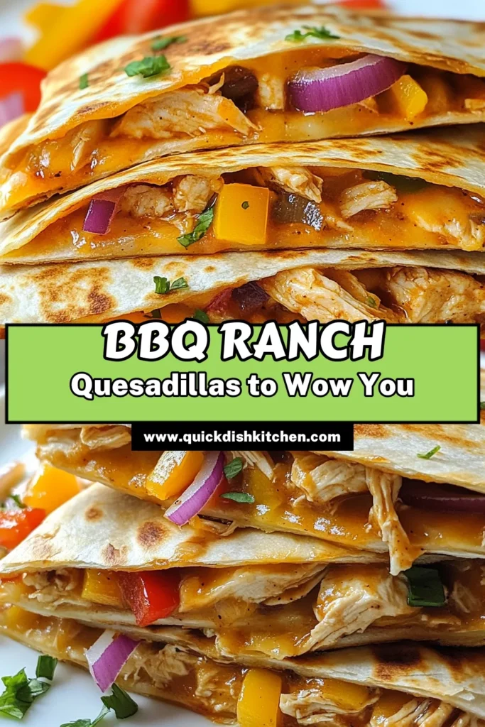 Indulge in these BBQ Ranch Chicken Quesadillas, a delicious twist on the classic easy quesadilla recipe. Packed with shredded chicken, BBQ sauce, and ranch dressing, this dish is perfect for busy weeknights. Serve with BBQ ranch dip for extra flavor. Enjoy crispy, cheesy goodness with every bite. Don't miss out on this family favorite! Save this BBQ chicken quesadilla recipe for your next meal. #BBQChickenQuesadillas #RanchChickenQuesadillas #ShreddedChickenRecipes #EasyQuesadillaRecipe
