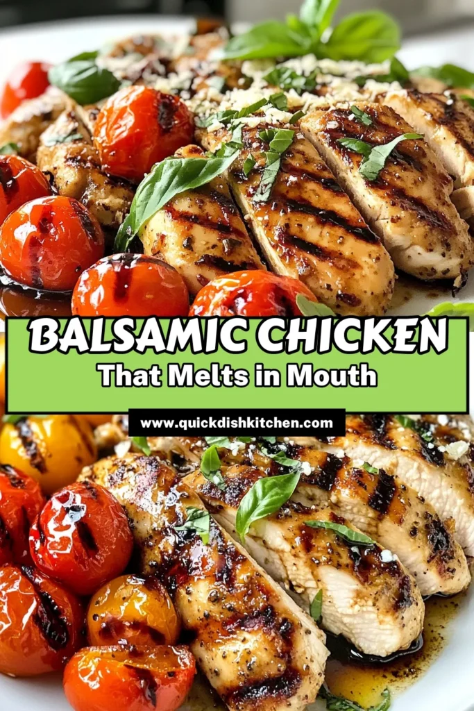 Discover the ultimate balsamic chicken recipe with this easy and flavorful grilled balsamic chicken. This honey balsamic chicken is perfect for a weeknight dinner and uses a simple chicken marinade that will impress everyone at your table. Top with skillet chicken and cherry tomatoes for an extra burst of flavor. Try it tonight and elevate your meal! Save this recipe for a delicious dinner. #BalsamicChicken #GrilledChicken #EasyRecipe #HealthyDinner