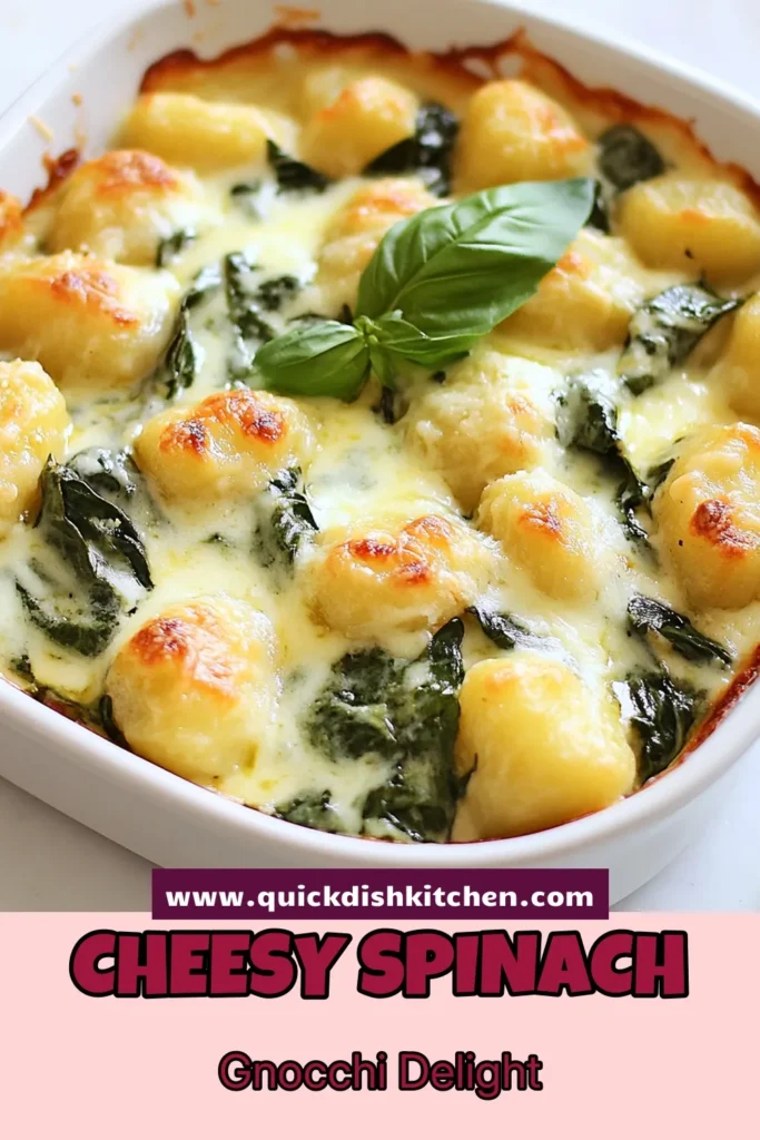 Discover the ultimate creamy spinach gnocchi bake! This easy gnocchi casserole features tender potato gnocchi, fresh spinach, and a delightful mix of ricotta and mozzarella cheeses for a comforting vegetarian gnocchi bake. Perfect for weeknight dinners or gatherings, this baked gnocchi recipe is sure to please everyone. Save this savory dish and bring warmth to your table tonight! #CreamySpinachGnocchi #BakedGnocchiRecipe #VegetarianGnocchiBake #EasyGnocchiCasserole