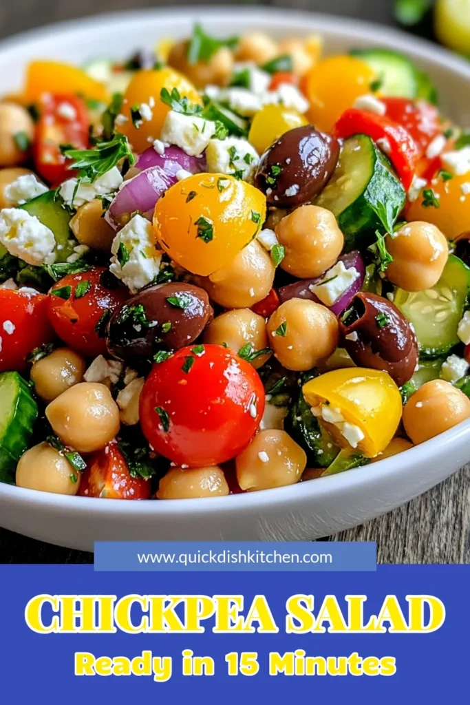 Looking for a refreshing Mediterranean chickpea salad that's both delicious and healthy? This easy salad recipe is perfect for any occasion! Packed with fresh veggies and loaded with flavor, this vegan Mediterranean recipe fits perfectly into your Mediterranean diet recipes. Enjoy a nutritious meal in just 30 minutes! Try this healthy chickpea recipe today and impress your family and friends. Save for later! #MediterraneanChickpeaSalad #VeganRecipes #HealthySalads #MediterraneanDiet