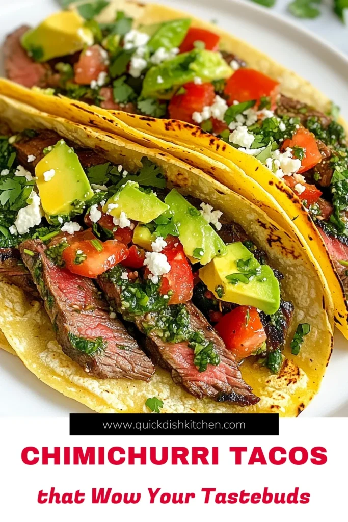 Indulge in these mouthwatering Chimichurri steak tacos, featuring tender flank steak and a flavorful homemade chimichurri sauce. This easy taco recipe is perfect for a quick dinner and is sure to impress! Learn how to make the best flank steak tacos recipe with simple ingredients and enjoy the grilled steak taco filling topped with avocado and queso fresco. Don't miss out on this culinary delight – save this recipe now! #ChimichurriSteakTacos #TacoRecipes #FlankSteak #FoodieFavorites