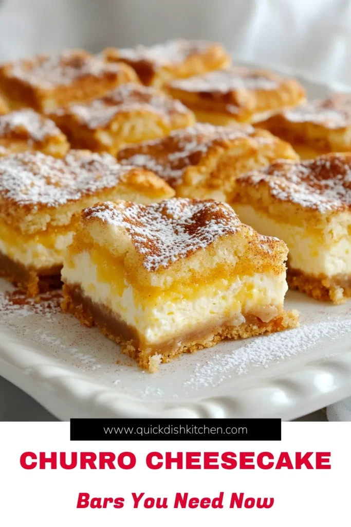 Indulge in this delicious churro cheesecake bars recipe that's perfect for any occasion! These easy dessert bars combine rich cream cheese churros with a delightful cinnamon sugar dessert topping. Baked to perfection, these baked cheesecake squares are sure to impress your family and friends. Perfect for sharing or savoring alone! Give it a try and enjoy every bite. Save this recipe now! #ChurroCheesecake #EasyDessertBars #CinnamonSugar #DessertLovers