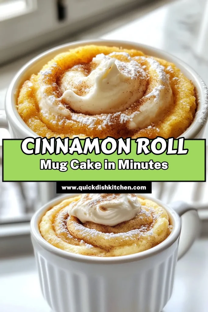 Indulge in a delightful Cinnamon Roll Mug Cake with this easy mug cake recipe! Perfect for a quick dessert, this microwave mug cake is ready in just minutes. With a gooey cinnamon swirl and an optional cream cheese frosting topping, it's a must-try for all cinnamon dessert ideas lovers. Enjoy this cozy treat today! Save for your next sweet craving! #CinnamonRollMugCake #EasyMugCakeRecipe #MicrowaveMugCake #QuickDessertRecipes