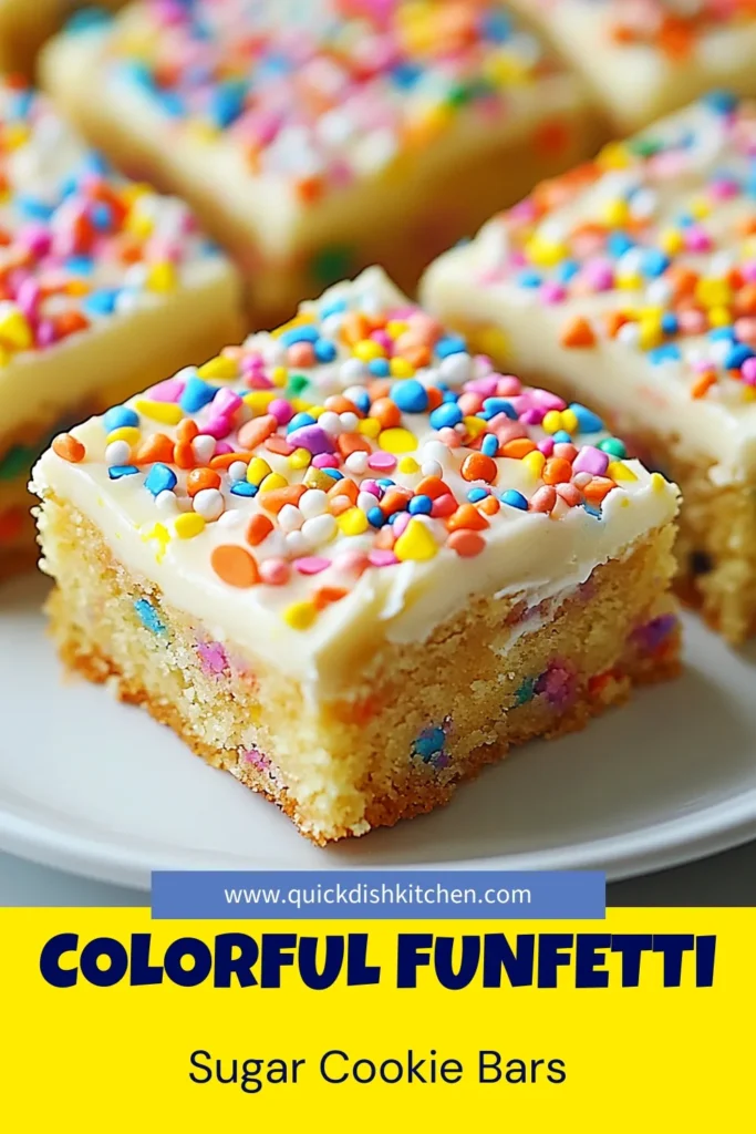 Indulge in these funfetti sugar cookie bars that are perfect for any celebration! This easy cookie bar recipe features delicious soft sugar cookie bars packed with colorful rainbow sprinkles and topped with creamy homemade frosting. Simple to make and oh-so-fun to eat, these treats are a hit with everyone. Bake a batch today and brighten up your dessert table! Save this recipe now! #FunfettiSugarCookieBars #EasyCookieBarRecipe #RainbowSprinkleDessert #HomemadeFrostingCookieBars