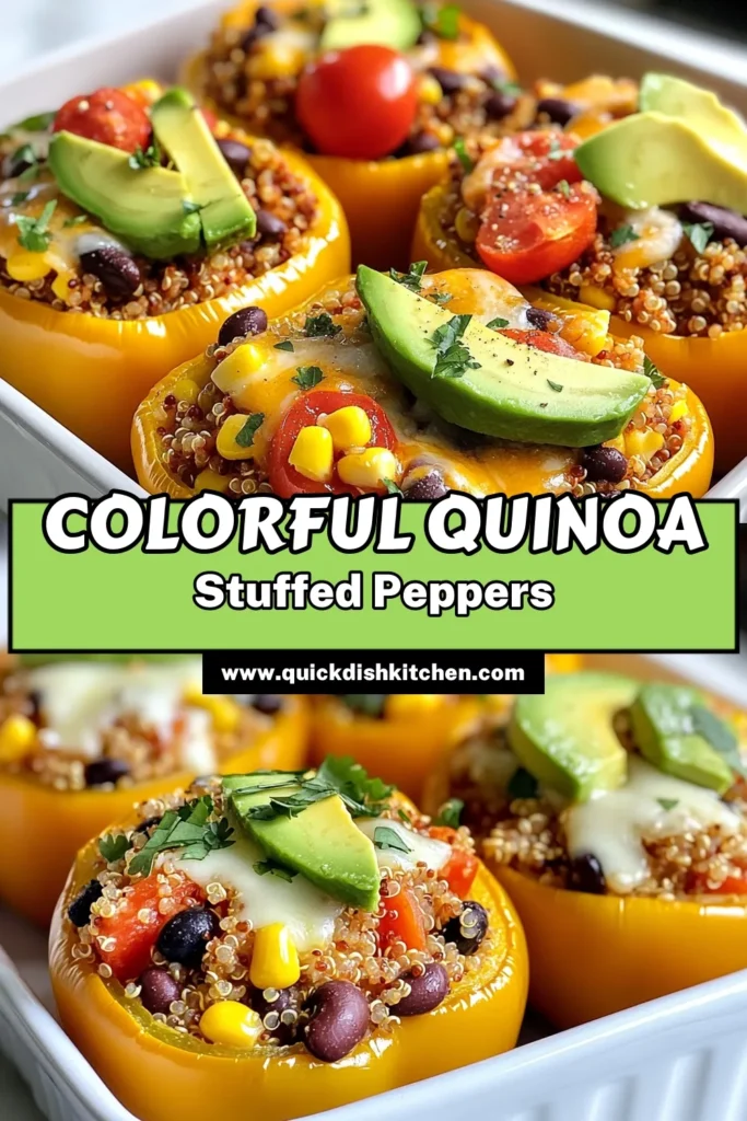 Revitalize your dinner with these Fiesta Quinoa Stuffed Peppers! This healthy stuffed pepper recipe is packed with protein and flavor, featuring a delicious vegetarian quinoa dish filled with black beans, corn, and spices. Perfect for any meal, these bell pepper recipes are easy to make and sure to impress. Try this tasty stuffed peppers with black beans today! Don't forget to save the recipe! #HealthyEating #VegetarianRecipes #Quinoa #StuffedPeppers