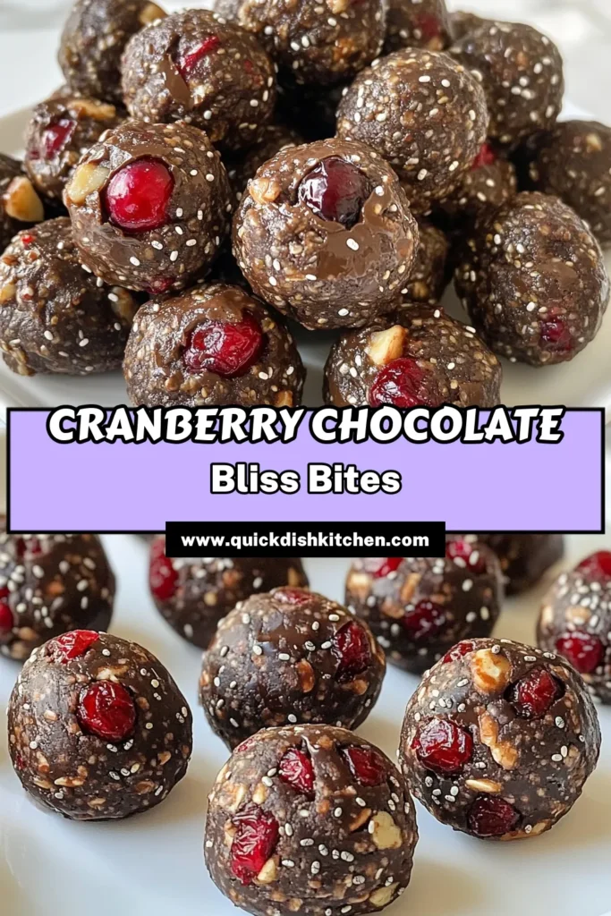 Looking for a quick and delicious boost? Try these Cranberry Chocolate Energy Bites! This healthy energy bites recipe combines rolled oats, dried cranberries, and almond butter for a satisfying no-bake energy snack perfect for any time of day. Whip up these quick energy bites in just 10 minutes and enjoy them throughout the week. Save this recipe for a tasty, nutritious treat! #CranberryChocolateEnergyBites #HealthySnacks #NoBakeSnacks #EnergyBites