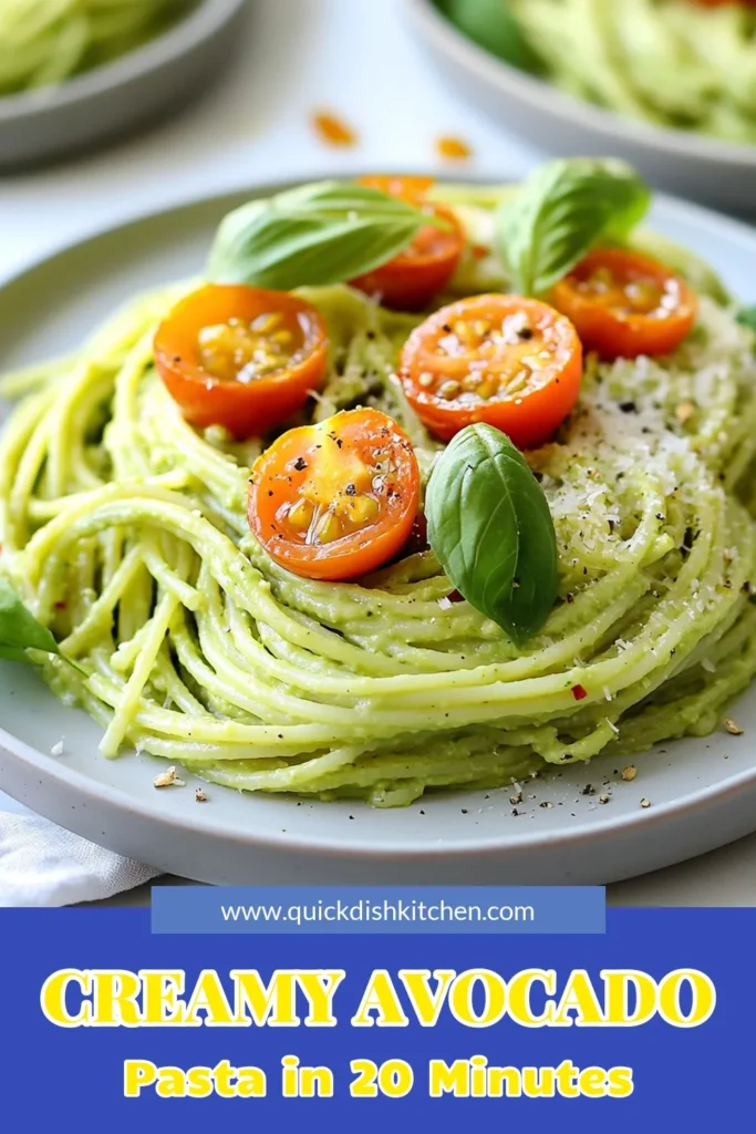 Indulge in this creamy avocado pasta that's perfect for a quick weeknight dinner! This avocado pasta recipe combines ripe avocados, garlic, and fresh basil into a delicious vegan avocado sauce. Enjoy healthy pasta recipes with easy pasta dishes that everyone will love. Ready in just 20 minutes, it’s an ideal meal for busy days. Don't forget to save this recipe for a fresh, flavorful dinner idea! #CreamyAvocadoPasta #VeganRecipes #HealthyPasta #EasyDinners
