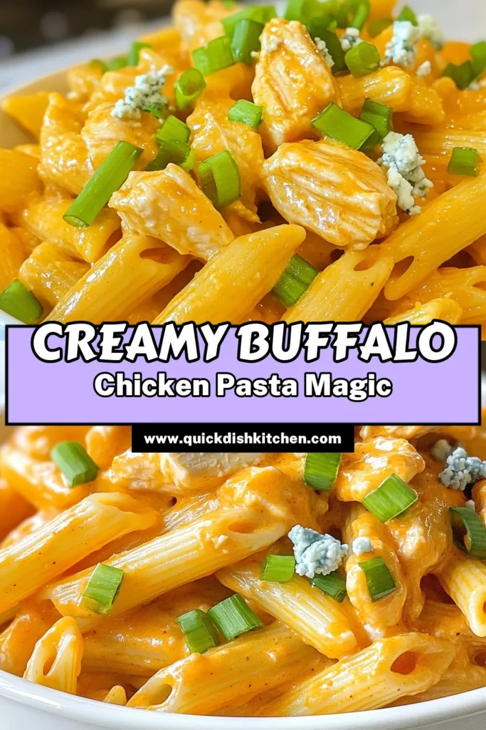 Indulge in this delicious creamy buffalo chicken pasta! This easy buffalo chicken recipe features penne pasta tossed in a rich buffalo sauce, creamy cheese, and tender chicken—all in just 30 minutes. Perfect for busy weeknights, this creamy buffalo chicken pasta recipe will be a hit with the whole family. Don't miss out on this satisfying dish! Try it today! #BuffaloChickenPasta #CreamyPastaRecipes #EasyDinner #PastaLove