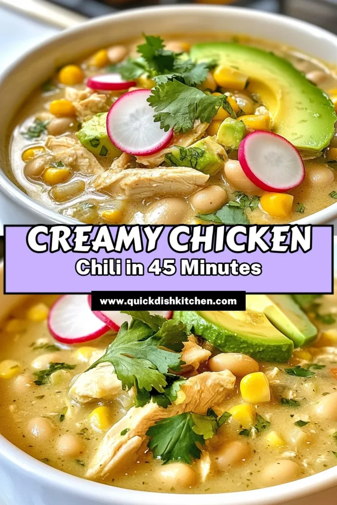 Warm up with this creamy white chicken chili that's perfect for cozy nights! This easy chicken chili recipe combines tender chicken, white beans, and spices for a comforting dish everyone will love. Perfect as a healthy chili recipe, it’s packed with flavor and nutrients. Don't miss out on making this delightful comfort food chili! Try it today and savor every spoonful. Save this recipe for later! #WhiteChickenChili #HealthyChiliRecipe #ComfortFood #EasyChickenChili