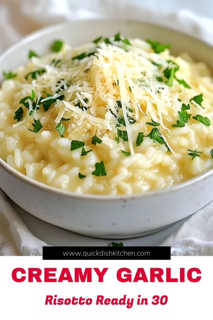Discover the creamy garlic risotto that will elevate your dinner game! This easy risotto recipe features Arborio rice and rich flavors from buttery garlic and Parmesan. Made with vegetable broth, this delicious Parmesan risotto recipe is perfect for a cozy night in. Ready in just 30 minutes, it’s a must-try Arborio rice dish that everyone will love. Save this recipe for a creamy and comforting meal tonight! #CreamyGarlicRisotto #ParmesanRisotto #EasyRisottoRecipe #ArborioRiceDish