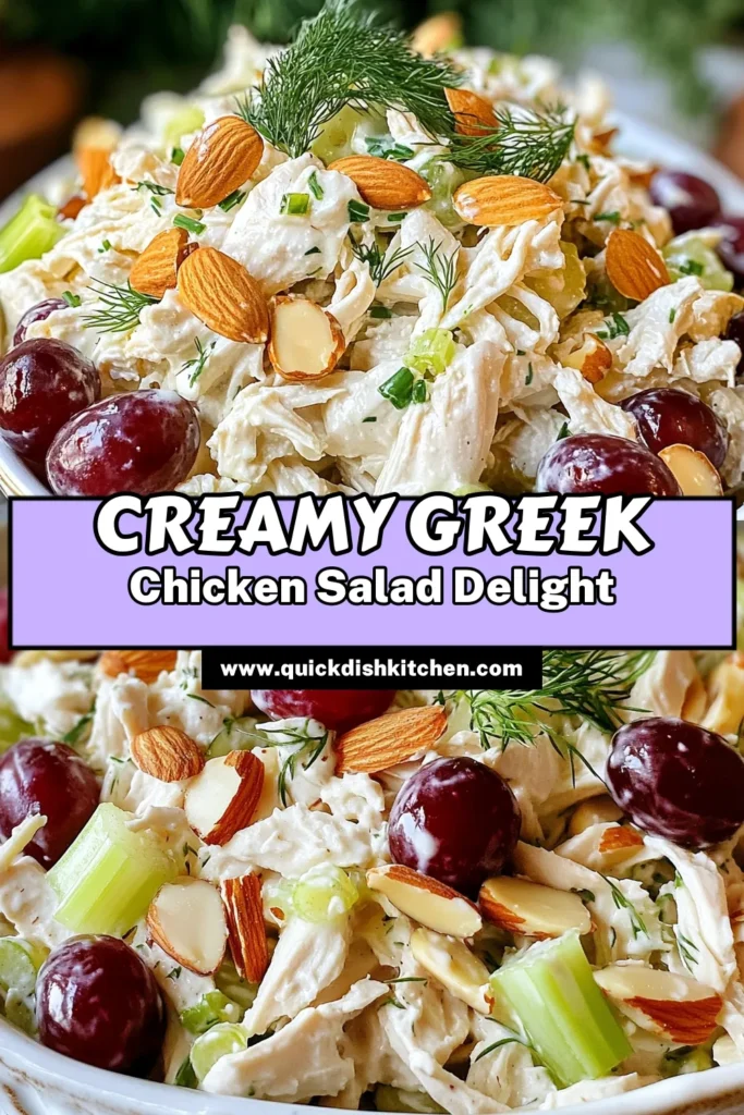 Discover the ultimate creamy chicken salad recipe that's both delicious and healthy! This Greek yogurt salad is perfect for a light lunch or picnic, combining tender chicken with juicy grapes and crunchy almonds. Enjoy this easy chicken salad recipe packed with flavor and protein. Ready in just 45 minutes, it's a fantastic choice for meal prep or a quick healthy dinner. Try it today! #GreekYogurtSalad #HealthyChickenSalad #EasyChickenSaladRecipe #ChickenSaladWithGrapes