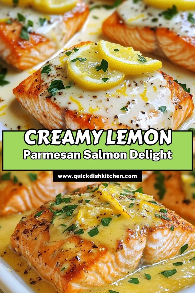 Indulge in this easy salmon dinner with our Creamy Lemon Parmesan Salmon recipe! This baked salmon recipe features flavorful salmon with lemon sauce and a rich parmesan cream sauce that takes just 25 minutes to prepare. Perfect for a weeknight meal or special occasions, this dish is sure to impress. Try this delicious salmon with lemon sauce today and elevate your dinner! Save this recipe for later! #SalmonRecipe #EasyDinner #CookingAtHome #HealthyEating