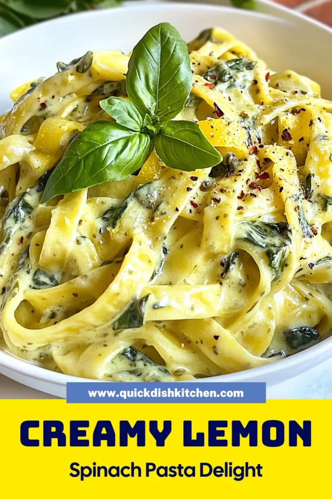 Indulge in this creamy lemon spinach pasta that's perfect for a quick dinner! This easy spinach pasta recipe features fettuccine with cream sauce, combining fresh spinach and zesty lemon for a delightful flavor explosion. Ready in just 25 minutes, it's the ultimate homemade creamy pasta recipe you need to try. Save this quick lemon pasta dish for your next meal inspiration! #CreamyLemonSpinachPasta #EasyPastaRecipe #QuickDinner #PastaLovers