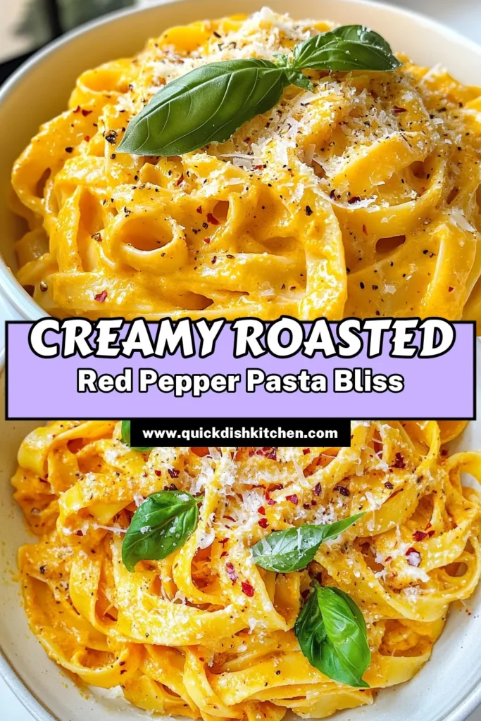Indulge in this creamy roasted red pepper pasta that’s sure to become your go-to favorite! This easy pasta dish features a delicious roasted red pepper sauce recipe, perfect for vegetarians. Simply blend roasted red peppers with cream and garlic for a rich flavor, then toss with fettuccine for a satisfying meal. Make this creamy roasted red pepper pasta tonight and impress everyone at the table! Save for later! #PastaRecipes #VegetarianDinners #EasyMeals #RoastedRedPeppers