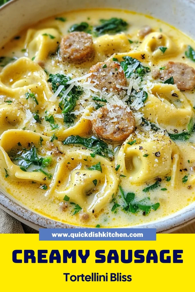 Warm up with this creamy sausage tortellini soup, an easy tortellini soup that's perfect for cozy nights. This Italian sausage soup recipe combines flavorful ingredients like fresh spinach and cheesy tortellini for a comforting bowl of goodness. Ready in just 25 minutes, it’s a must-try! Don’t forget to save this recipe for your next family dinner! #CreamySausageTortelliniSoup #ComfortingSoupRecipes #EasyTortelliniSoup #ItalianSausageSoupRecipe