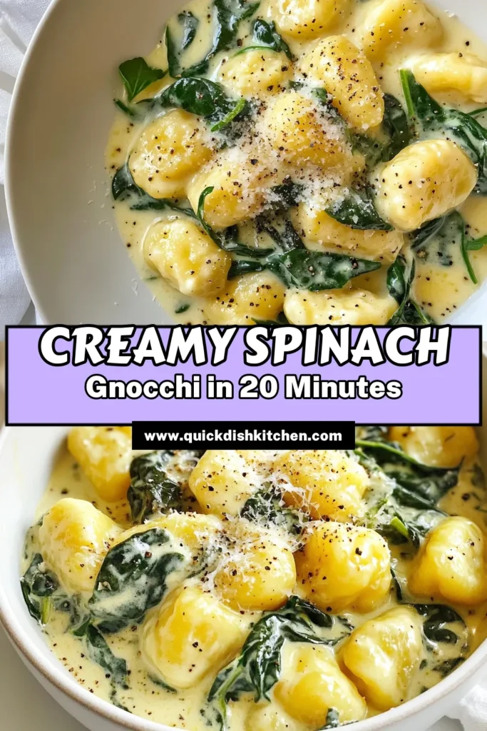 Discover the perfect creamy spinach gnocchi recipe for an easy gnocchi dinner that your family will love. This quick creamy pasta dish is made with fresh spinach and a homemade gnocchi sauce that elevates your weeknight meals. Ready in just 20 minutes, this spinach and cheese gnocchi is creamy, delicious, and sure to impress. Save this recipe for a delightful dinner tonight! #CreamySpinachGnocchi #EasyGnocchiDinner #QuickPastaDish #HomemadeGnocchiSauce