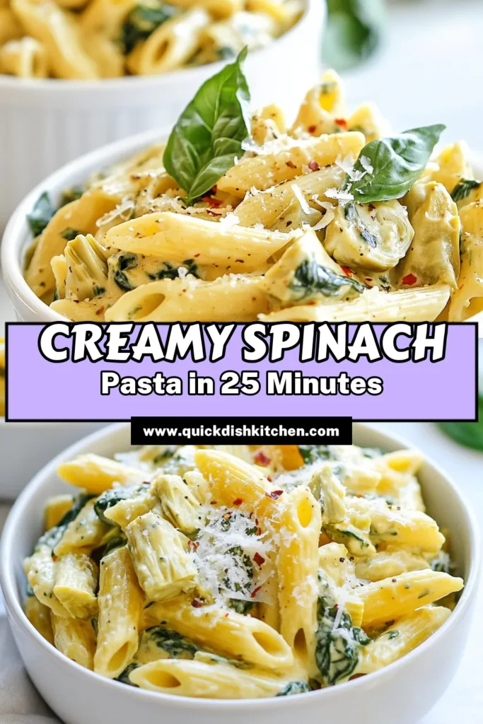 Looking for a delicious and easy spinach pasta recipe? Try this creamy spinach artichoke pasta that’s perfect for vegetarian meals! This creamy pasta sauce recipe is packed with flavor yet healthy, making it one of the best vegetarian pasta dishes. With just a few ingredients, you can create a comforting meal in 25 minutes. Click to discover this healthy creamy pasta recipe and elevate your weeknight dinners! #CreamyPasta #VegetarianRecipe #SpinachPasta #PastaLovers