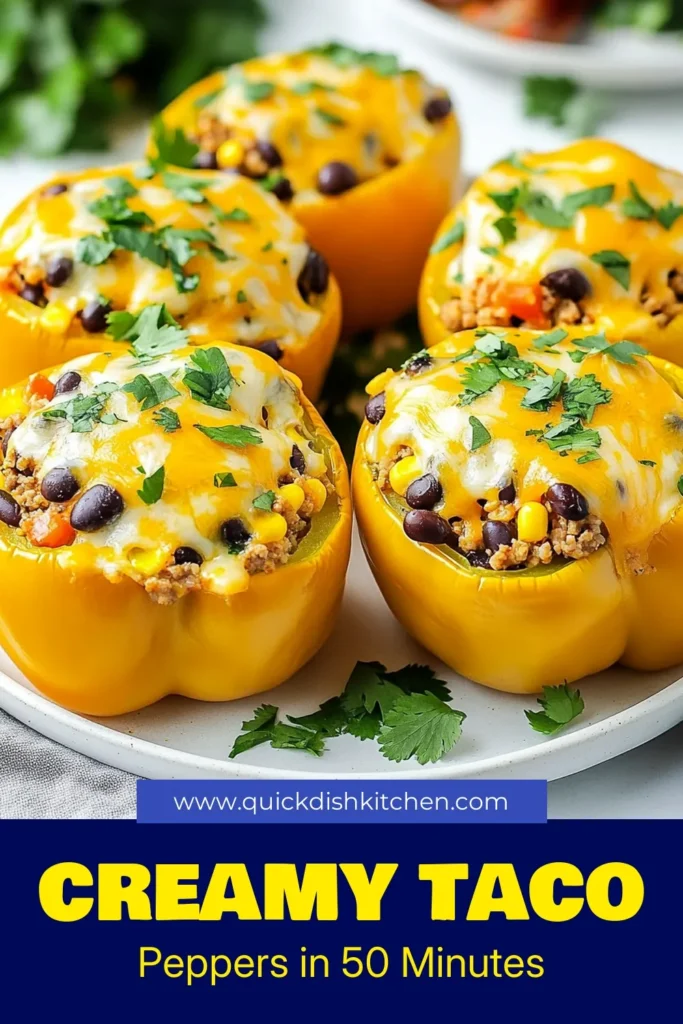 Indulge in these creamy taco stuffed peppers for a delicious and easy taco dinner! This cheesy stuffed peppers recipe uses ground turkey or beef, black beans, corn, and creamy cheese, making it perfect for any night. Try this stuffed bell pepper recipe that's not only simple but also packed with flavor. Save this easy recipe for a satisfying weeknight meal! #CreamyTacoStuffedPeppers #EasyTacoDinner #StuffedBellPepperRecipe #CheesyStuffedPeppers