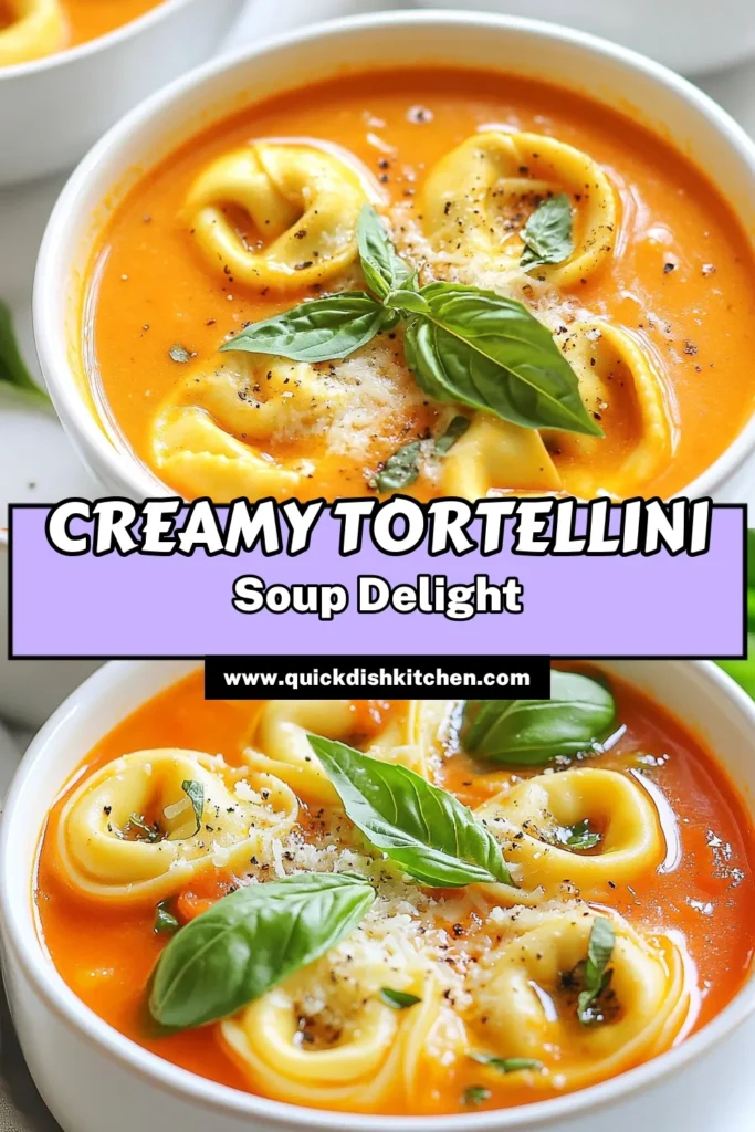 Craving something delicious? Try this Creamy Tomato Basil Tortellini Soup! This easy tortellini soup recipe combines rich flavors and creamy goodness, making it the perfect quick dinner recipe with tortellini for busy nights. Enjoy a vegetarian tomato soup with cream that's cozy and fulfilling. Ready in just 30 minutes, it's a one pot tortellini soup that's sure to impress! Save it for your next meal! #TortelliniSoup #QuickDinner #VegetarianRecipes #OnePotMeals