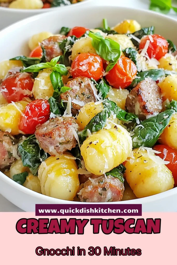 Indulge in this creamy Tuscan sausage gnocchi dish that combines rich flavors in just one pot! This easy gnocchi recipe features Italian sausage, tender potato gnocchi, fresh spinach, and creamy Parmesan goodness. Perfect for a quick Italian sausage dinner that your family will love! Ready in 30 minutes, it's the ultimate comforting meal. Save for later and enjoy cooking! #TuscanSausageGnocchi #CreamyGnocchiRecipe #OnePotGnocchi #ItalianSausageDinner
