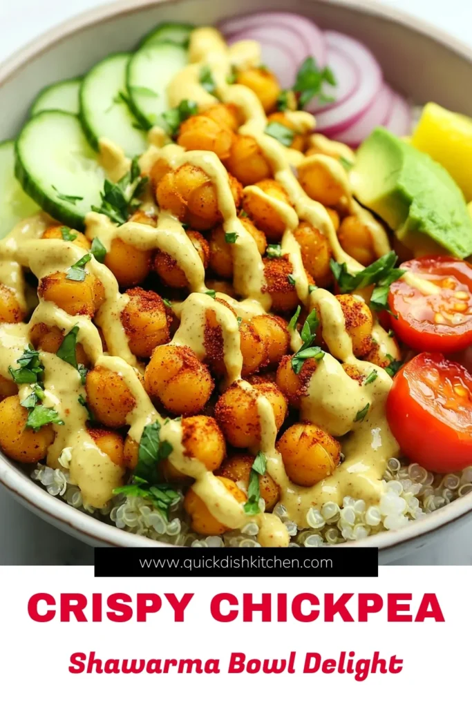 Try this delicious Chickpea Shawarma Bowl for a satisfying and healthy meal! Packed with roasted chickpeas, quinoa, and colorful veggies, it's one of the best vegan chickpea recipes you'll ever make. Drizzle it with creamy tahini sauce for an added burst of flavor. Perfect for meal prep or a quick dinner. Save this recipe to enjoy a nutritious and tasty roasted chickpea salad any day! #ChickpeaShawarmaBowl #VeganRecipes #HealthyBowls #TahiniSauce