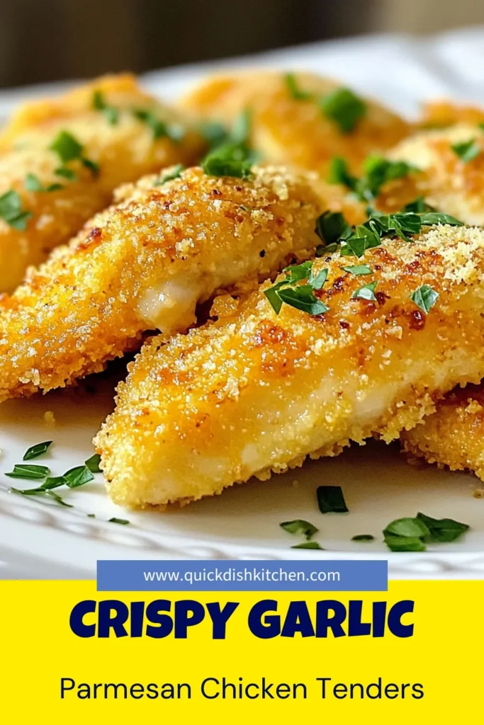 Discover the ultimate comfort food with these Garlic Parmesan Chicken Tenders! This crispy chicken tender recipe is an easy chicken dinner idea that your family will love. With homemade chicken tenders coated in a savory blend of garlic and Parmesan, they’re oven-baked to perfection for a healthier option. Enjoy a mouthwatering meal in just 30 minutes. Save this recipe for your next dinner! #GarlicParmesanChickenTenders #EasyDinnerIdeas #ChickenTenders #OvenBakedParmesanChicken