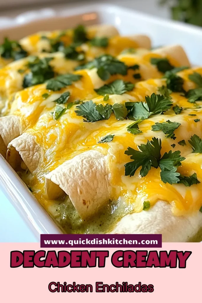 Savor the creamy goodness of these creamy white chicken enchiladas! This easy chicken enchiladas recipe combines shredded chicken, a delightful green enchilada sauce recipe, and melted Monterey Jack cheese for the ultimate comfort food chicken recipe. Perfect for family dinners or meal prep, these enchiladas are sure to impress. Try it today and don’t forget to save for later! #CreamyWhiteChickenEnchiladas #EasyChickenEnchiladas #ComfortFood #MontereyJackCheeseRecipes