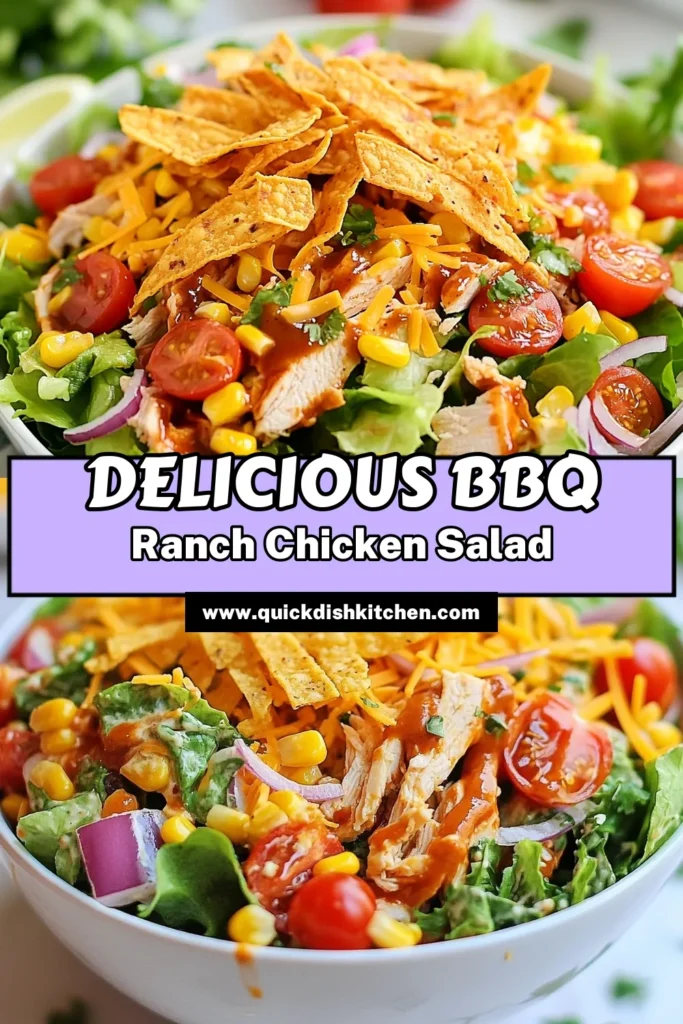 Discover the ultimate BBQ Ranch Chicken Salad recipe that’s perfect for a quick and healthy meal. This easy BBQ salad combines shredded chicken, mixed greens, and veggies, all drizzled with tangy BBQ ranch dressing. It's a delightful twist on the classic ranch chicken salad. Ready in just 15 minutes, it's great for lunch or dinner. Try this healthy chicken salad today and impress your family! Save this recipe! #BBQChickenSalad #RanchChickenSalad #HealthySalad #EasyRecipes