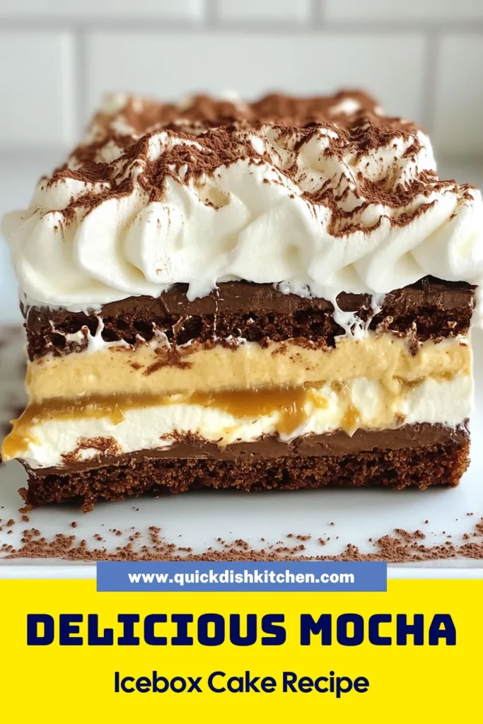 Indulge in this delightful Mocha Icebox Cake recipe, the ultimate no-bake chocolate dessert that coffee lovers will adore. This easy icebox cake features layers of chocolate wafer cookies soaked in brewed coffee, fluffy whipped cream, and cocoa for a rich coffee-flavored cake that’s sure to impress. Perfect for any occasion! Try this whipped cream dessert today and save for your next gathering! #MochaIceboxCake #NoBakeDessert #EasyIceboxCake #CoffeeDessert
