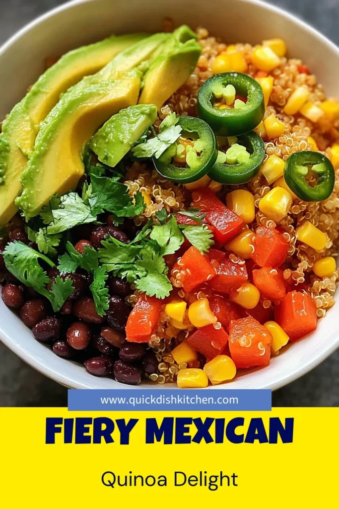 Discover the bold flavors of this Spicy Mexican Quinoa Bowl, a delightful twist on a healthy Mexican bowl! This easy Mexican quinoa recipe features fluffy quinoa with black beans, corn, and a medley of spices for a nutritious quinoa salad bowl. Perfect for meal prep or a quick dinner. Ready to spice up your meals? Try this recipe now and save your favorite healthy dishes! #SpicyQuinoaBowl #MexicanQuinoaRecipe #QuinoaSaladBowl #HealthyMexicanBowl