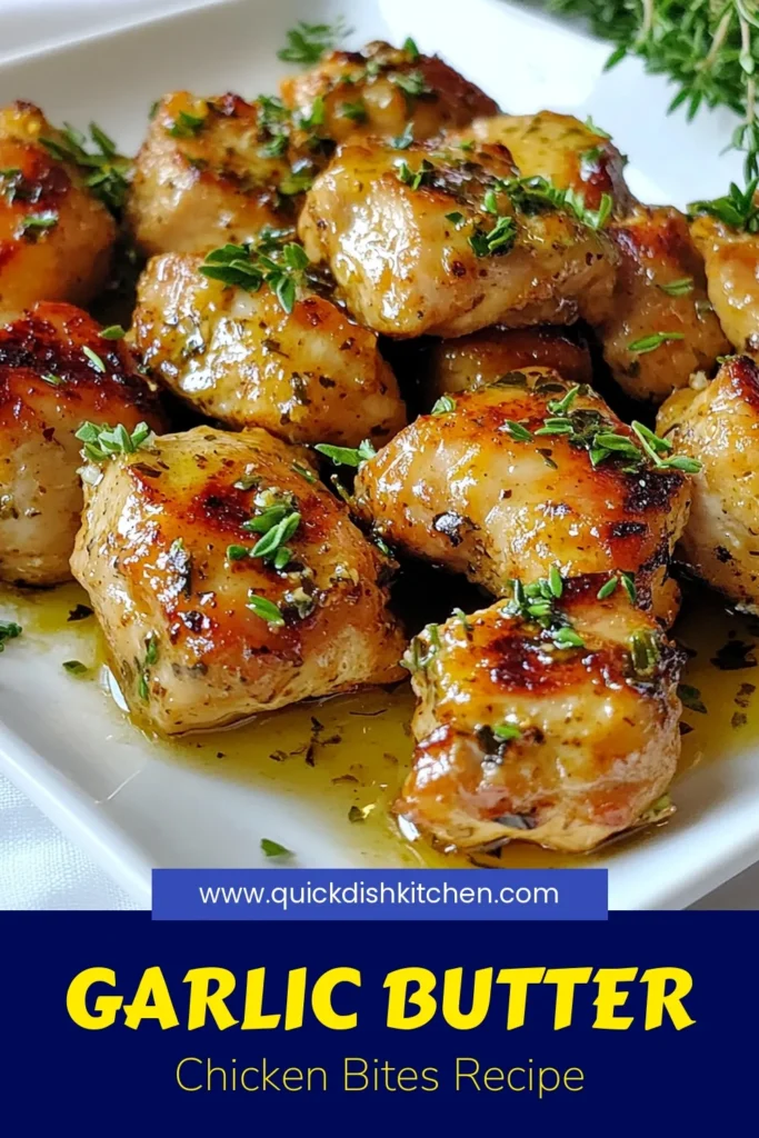 Looking for a delicious and quick dinner idea? Try these Garlic Butter Chicken Bites! Perfectly seasoned chicken breast with garlic and butter make for an easy chicken recipe that the whole family will love. Ready in just 20 minutes, this one-pan chicken dish is ideal for busy nights. Don't miss out on this flavorful meal - save the recipe for your next dinner! #GarlicButterChickenBites #EasyChickenRecipes #QuickDinnerIdeas #OnePanChickenDishes
