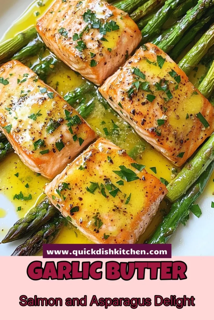 Discover the ultimate garlic butter salmon recipe that pairs perfectly with tender asparagus for a quick salmon dinner. This easy garlic butter recipe is not only delicious but also a healthy salmon and asparagus meal that can be ready in just 25 minutes. Elevate your weeknight cooking with this baked salmon with asparagus that your family will love. Try it now and enjoy a flavorful, light dish! #GarlicButterSalmon #QuickDinner #HealthyMeals #EasyRecipes