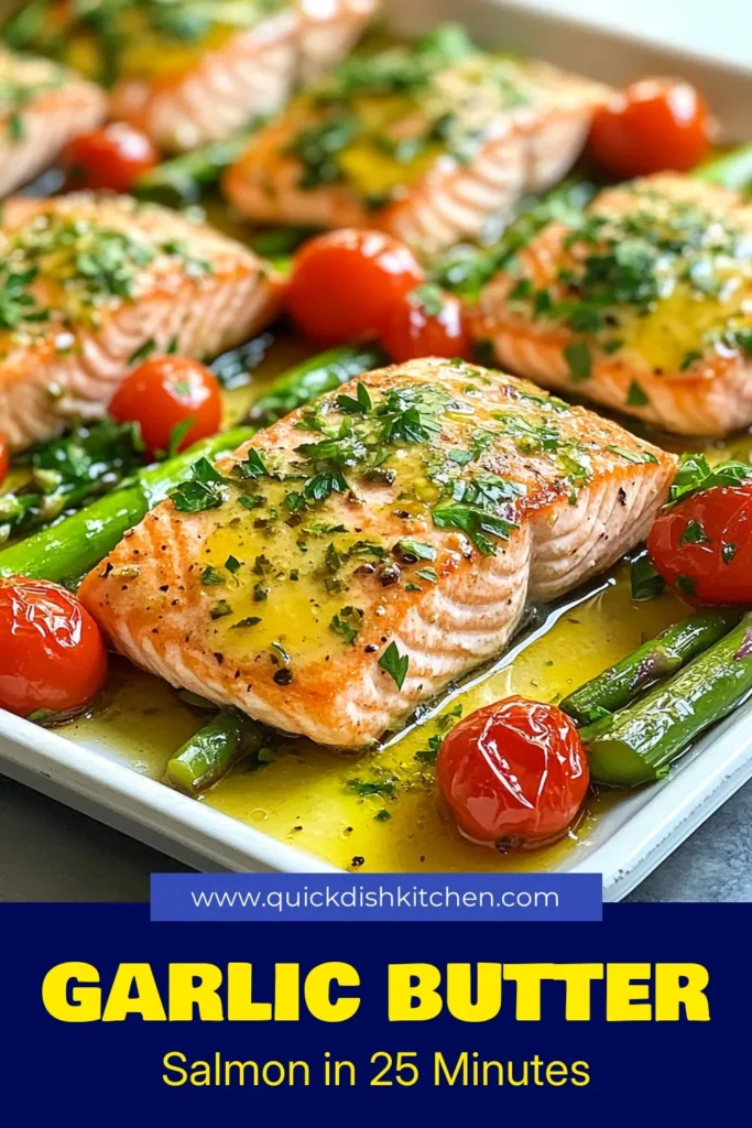 Savor the flavors of this easy Garlic Butter Salmon Sheet Pan recipe! In just 25 minutes, you can enjoy healthy salmon fillets paired with tender asparagus and cherry tomatoes, all drizzled with a delightful garlic butter sauce. Perfect for a quick weeknight dinner, this recipe is both healthy and delicious. Discover how to make this quick garlic butter recipe today and elevate your dinner experience! Save this for your next meal! #GarlicButterSalmon #SheetPanRecipe #EasySalmonDinner #HealthyDinnerIdeas