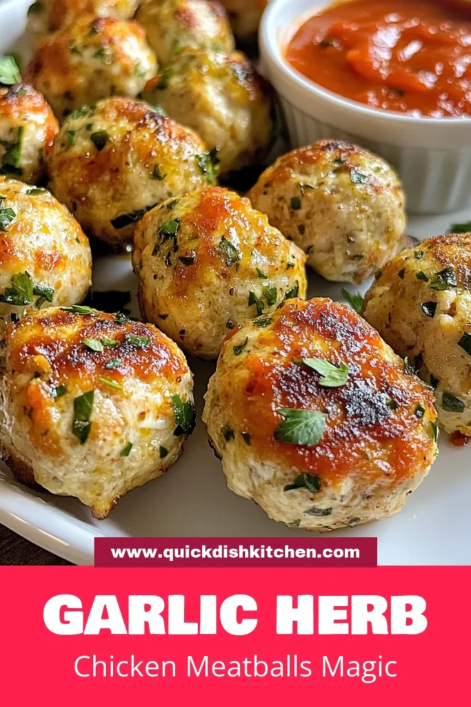 Discover the deliciousness of Garlic Herb Chicken Meatballs with this easy chicken meatball recipe! These healthy chicken meatballs are packed with flavor from fresh herbs and Parmesan cheese, perfect for a gluten-free meal or snack. Enjoy homemade chicken meatballs in just 30 minutes! Try them today and elevate your dinner game! Save this recipe for later! #GarlicHerbChickenMeatballs #HealthyChickenMeatballs #HomemadeChickenMeatballs #ParmesanChickenMeatballs