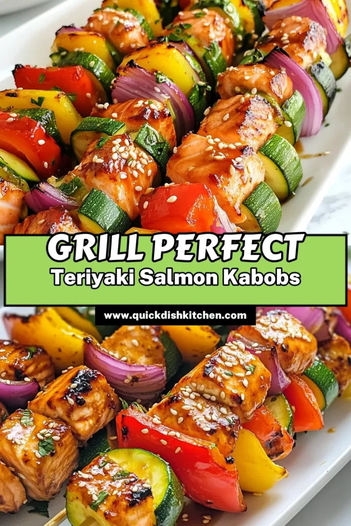 Discover the deliciousness of Teriyaki Salmon Kabobs with our easy salmon recipe! These grilled salmon skewers, marinated in a savory teriyaki sauce, are packed with flavor and perfect for healthy eating. Perfect for summer grilling or a quick weeknight meal, these healthy kabob recipes will impress your family and friends. Try this mouthwatering dish today and savor the simple flavors. Don’t forget to save for later! #SalmonKabobs #GrilledSalmon #HealthyEating #EasyRecipes