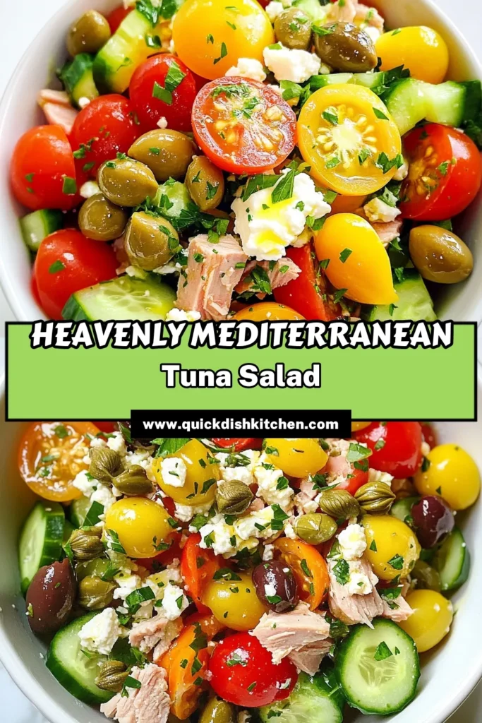 Discover the vibrant flavors of this Mediterranean Tuna Salad, a quick tuna salad recipe that's both healthy and satisfying. Packed with fresh ingredients like cherry tomatoes, cucumber, crispy feta cheese, and olives, this easy tuna recipe is perfect for lunch or dinner. Enjoy a refreshing and nutritious meal in just 25 minutes. Don’t forget to save this healthy Mediterranean salad recipe for your next meal prep! #TunaSalad #MediterraneanRecipes #HealthyEating #EasyRecipes