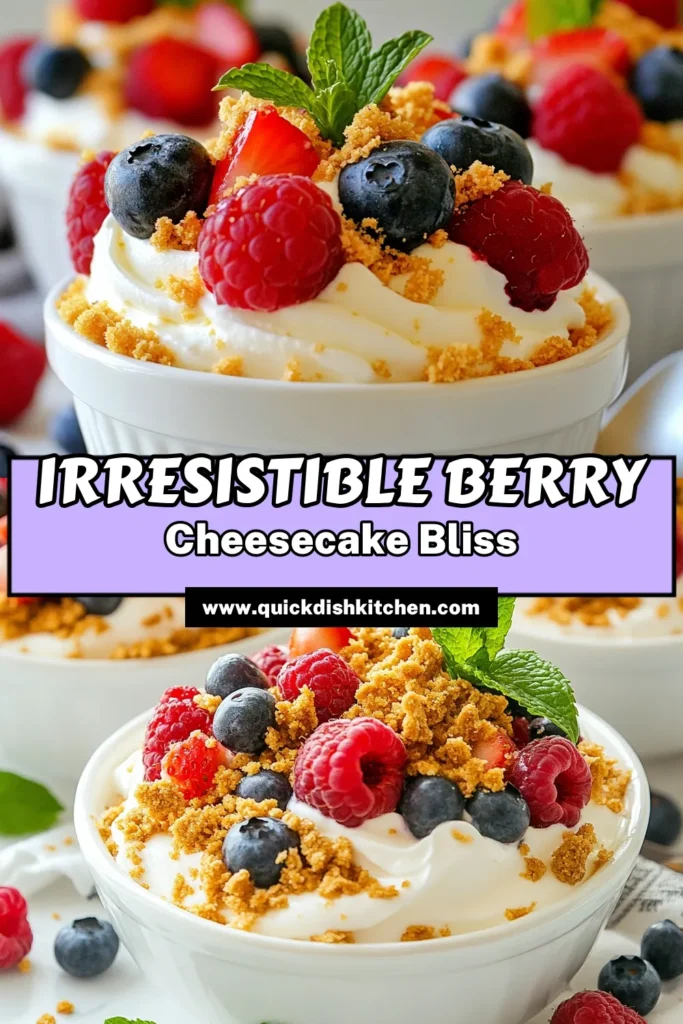 Indulge in a delightful Berry Cheesecake Salad, the ultimate no-bake berry dessert that's perfect for any occasion. This easy cheesecake recipe combines creamy cream cheese with fresh mixed berries, creating a refreshing cream cheese fruit salad that will impress your guests. Layer it with graham cracker crumbs for a delicious crunch. Try this simple recipe today and elevate your dessert game! Save and share! #BerryCheesecakeSalad #NoBakeDesserts #EasyCheesecakeRecipe #MixedBerrySalad