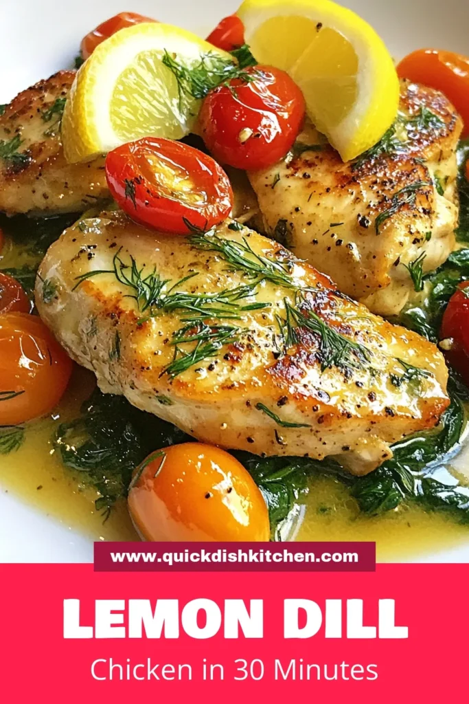 Discover the perfect Lemon Dill Chicken Recipe for a delicious one-pan chicken skillet dinner! This Quick Lemon Chicken Skillet combines healthy ingredients like chicken breast, cherry tomatoes, and baby spinach, all infused with vibrant lemon and dill flavors. It's an easy lemon dill chicken that's perfect for busy weeknights. Save this recipe for a tasty and nutritious meal that everyone will love! #LemonDillChicken #HealthyDinner #OnePanMeal #EasyRecipes