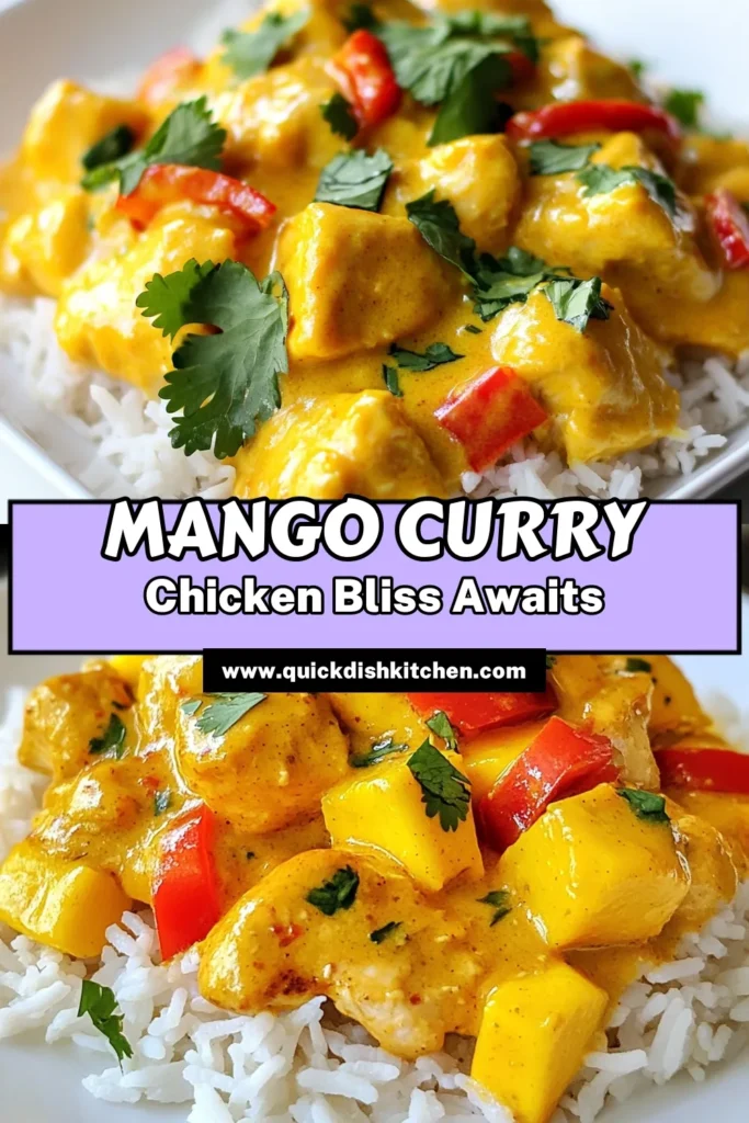 Discover the deliciousness of Mango Curry Chicken, a perfect blend of flavors in this easy chicken curry recipe! Bursting with tropical sweetness from ripe mango and creamy coconut milk, this authentic curry chicken will impress your family and friends. Ready in just 40 minutes, it's the ideal dinner solution! Try this mouthwatering mango chicken recipe tonight and savor every bite. Don't forget to save it for later! #MangoCurryChicken #EasyChickenCurryRecipe #CoconutMilkChicken #MangoChickenRecipe