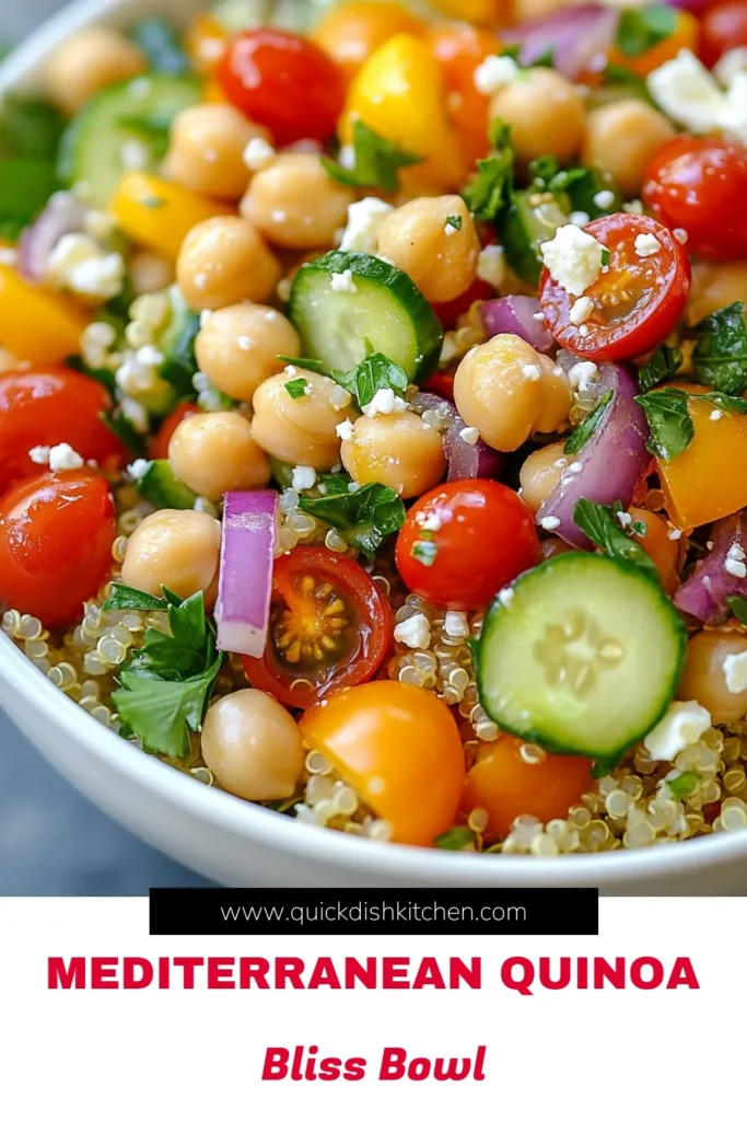 Discover the delicious and nutritious Mediterranean quinoa salad, a must-try among healthy quinoa recipes! This vibrant chickpea salad recipe combines protein-packed quinoa, fresh veggies, and feta for a delightful vegetarian salad. Perfect as a light meal or side dish, this quinoa salad with feta is easy to prepare and packed with flavors. Save this recipe for a healthy twist on your salad game! #MediterraneanQuinoaSalad #ChickpeaSalad #VegetarianSalads #HealthyQuinoaRecipes