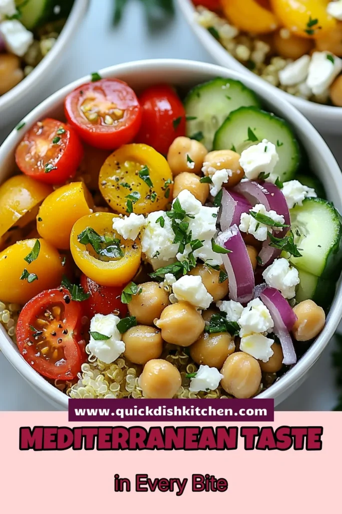 Discover the vibrant flavors of Mediterranean quinoa bowls with this healthy quinoa recipe. Packed with cherry tomatoes, cucumber, chickpeas, and feta, it's an ideal vegetarian quinoa salad for lunch or dinner. Embrace the Mediterranean diet with this delicious chickpea quinoa bowl that’s both nutritious and satisfying. Perfect for meal prep! Save this recipe today and enjoy a fresh, wholesome meal. #MediterraneanDiet #QuinoaRecipes #HealthyEating #VegetarianMeals