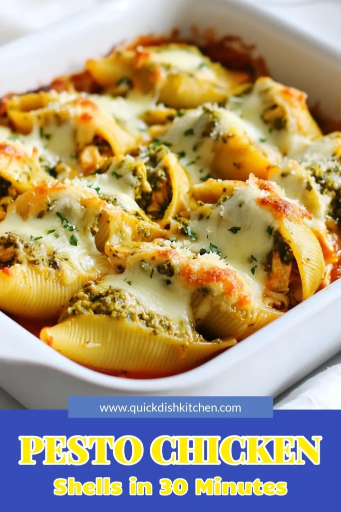 Savor the deliciousness of pesto chicken stuffed shells, a perfect dish for any dinner! This easy pasta bake features jumbo pasta shells filled with a creamy mixture of shredded chicken and basil pesto, topped with marinara sauce and gooey cheese. Try this stuffed pasta shells recipe for a satisfying meal the whole family will love. Click to discover how to make these baked stuffed shells with marinara today! #PestoChickenStuffedShells #StuffedPasta #EasyPastaBake #BakedStuffedShells