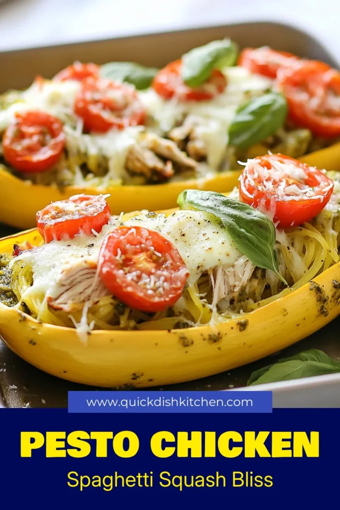 Try this delicious Pesto Chicken Stuffed Spaghetti Squash for a healthy twist on dinner! This low-carb spaghetti squash meal features tender roasted squash filled with a creamy pesto chicken spaghetti squash mixture. Perfect as a baked pesto chicken recipe, it's both satisfying and nutritious. Don't miss out on this easy stuffed spaghetti squash recipe that your whole family will love. Save and share for later! #PestoChickenSpaghettiSquash #HealthyDinner #LowCarbMeals #StuffedSpaghettiSquash