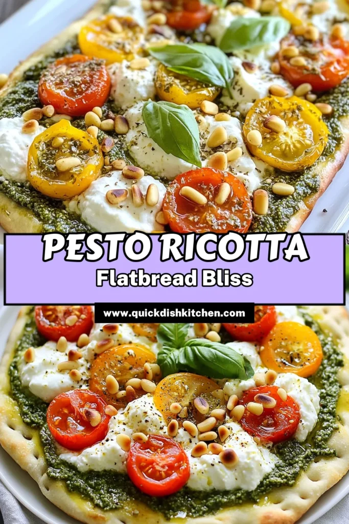 Create a delicious and easy meal with this Pesto Ricotta Flatbread Pizza! This quick vegetarian pizza features homemade or store-bought flatbread topped with creamy ricotta, fresh basil pesto, mozzarella, and cherry tomatoes. It’s a perfect choice for a simple weeknight dinner. Enjoy this easy flatbread pizza recipe that’s bursting with flavor! Save this recipe for your next pizza night! #PestoRicottaFlatbread #FlatbreadPizza #BasilPestoRecipes #QuickVegetarianPizza